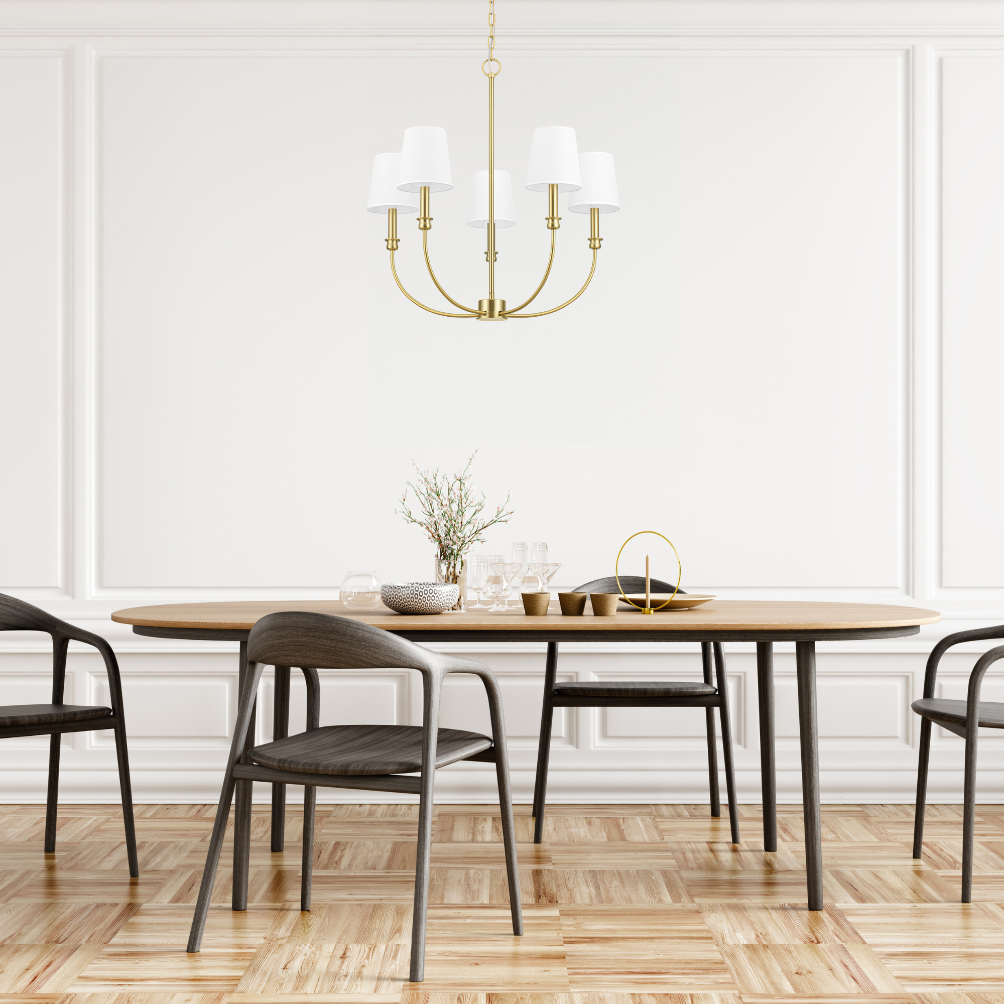 5-Light Billet Chandelier in Brushed Gold with Fabric Shades - Elegant Dining Room & Bedroom Ceiling Lighting Fixture