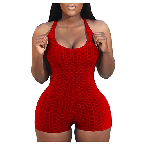 Women's Backless Yoga Bubble Romper - Textured Lifting Butt Jumpsuit for Workout & Lounge (Red, Medium) | Perfect for Yoga, Gym & Casual Wear