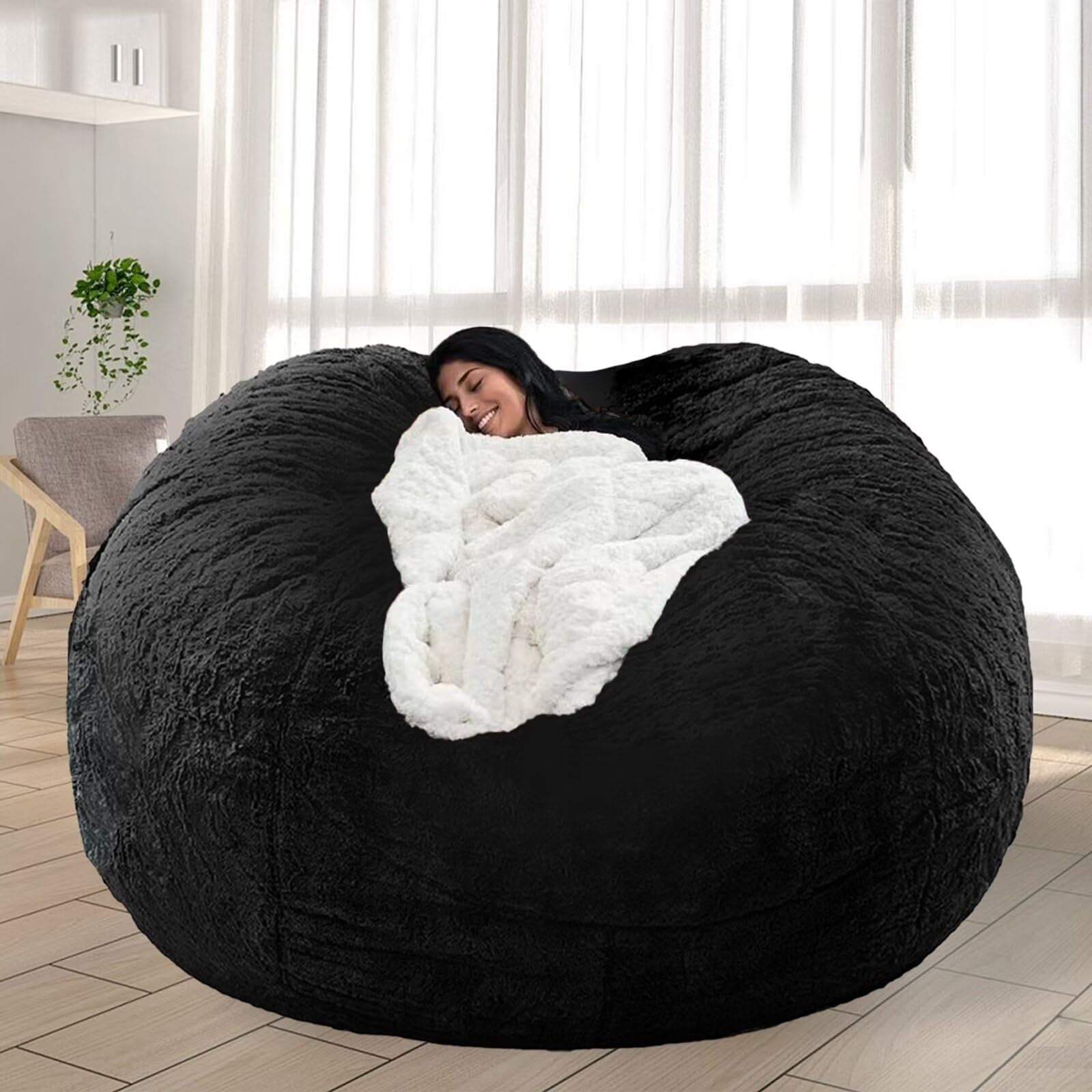 7FT Oversized Bean Bag Chair for Adults & Kids - No Filler, Soft Round Giant Beanbag Sofa - Perfect for Reading, Gaming & Relaxing - Black Lazy Chair Cover