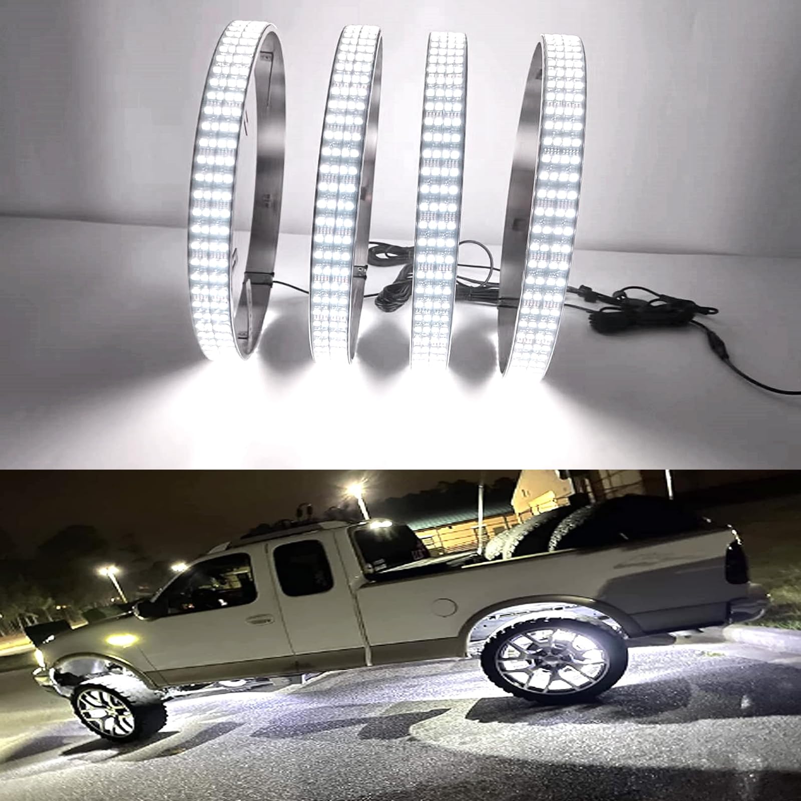 15.5 Inch Pure White Wheel Ring Lights - 12V Upgraded Quad Rows 1152-LED Waterproof Tire Rim Lights with RF Remote & APP Control for Trucks, Cars, SUVs, Pickups - Perfect for Night Driving, Car Shows & Off-Road Adventures