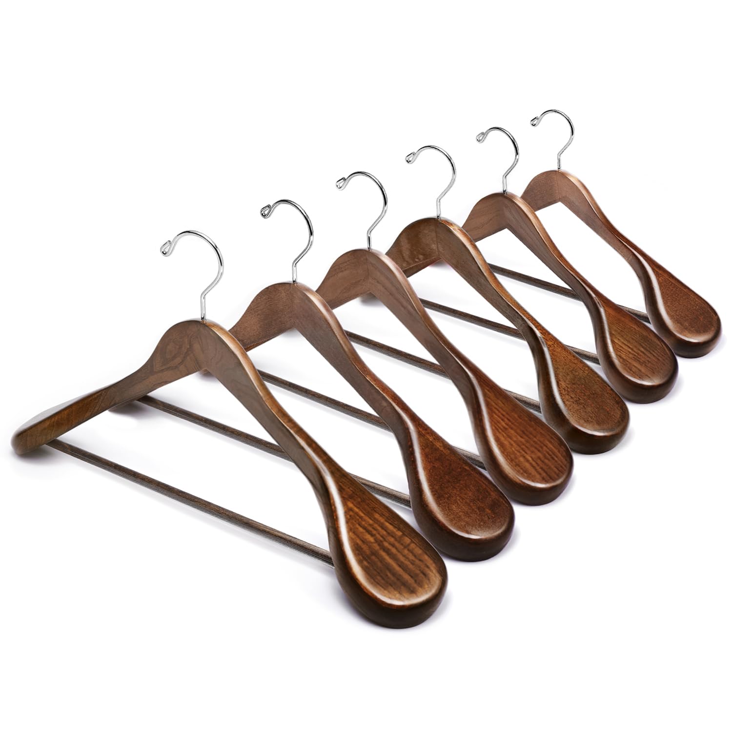 Premium 6-Pack Solid Walnut Wooden Suit Hangers with Non-Slip Pants Bar - Wide Shoulder Clothes Hangers for Jackets, Sweaters & Heavy Clothing - Smooth Finish Durable Wood Coat Hangers (Walnut, 6 Pack) - Perfect for Closet Organization & Luxury Wardrobe Storage