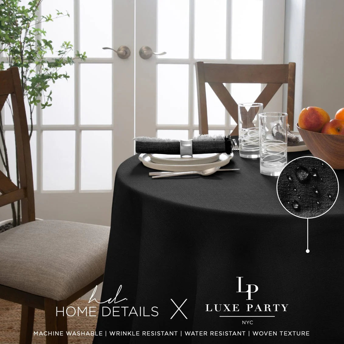 Premium Black Waterproof Polyester Tablecloth - Spill & Stain Resistant Dining Table Cover for Restaurants, Parties, and Outdoor Events