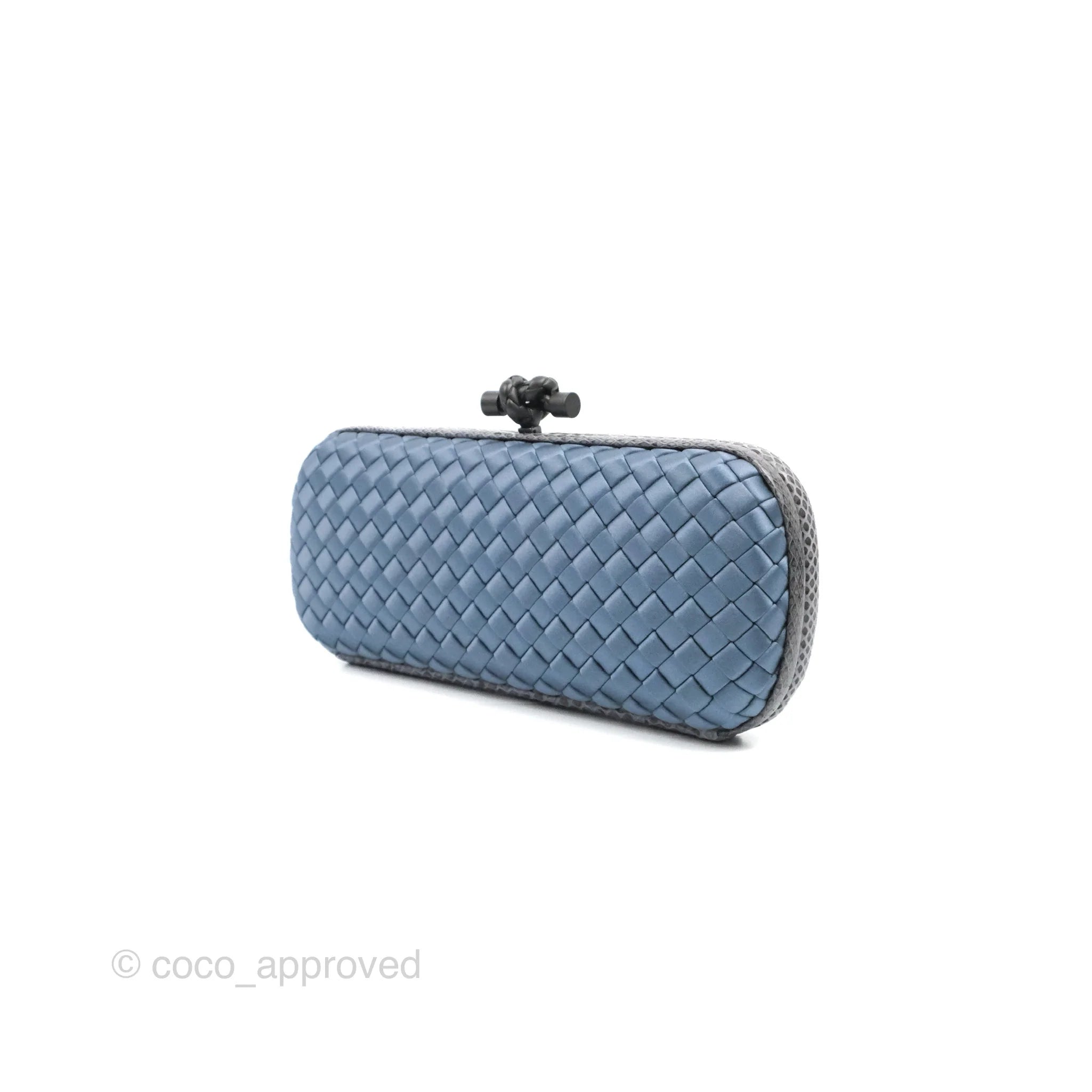 Bottega Veneta Ayers Satin Intreccio Stretch Knot Clutch Bag in Navy Blue | Luxury Evening Clutch for Women | Perfect for Parties, Weddings & Special Occasions