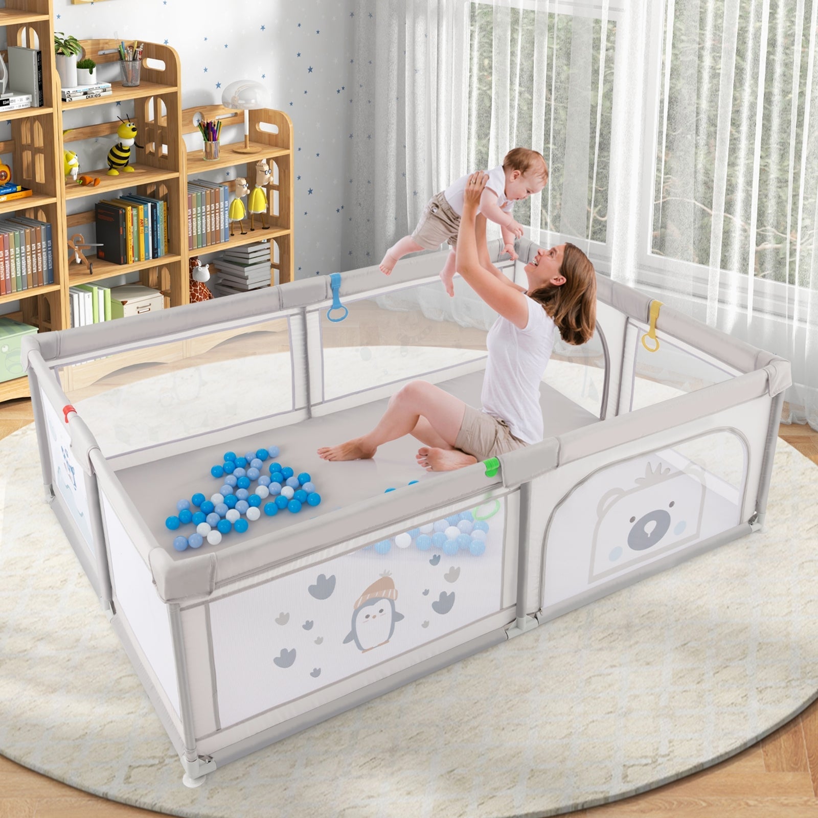 Large Baby Playpen with Pull Rings, Ocean Balls & Cute Penguin Pattern - Safe Play Area for Toddlers at Home or Daycare