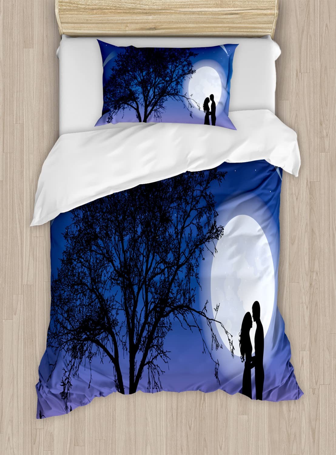 Ambesonne Romantic Full Moon Sky Tree Duvet Cover Set - Twin Size 2-Pack with 2 Duvet Covers & 2 Pillowcases - Black Blue White Couple Love Theme Bedding - Perfect for Valentine's Day, Anniversary Gifts & Cozy Bedroom Decor