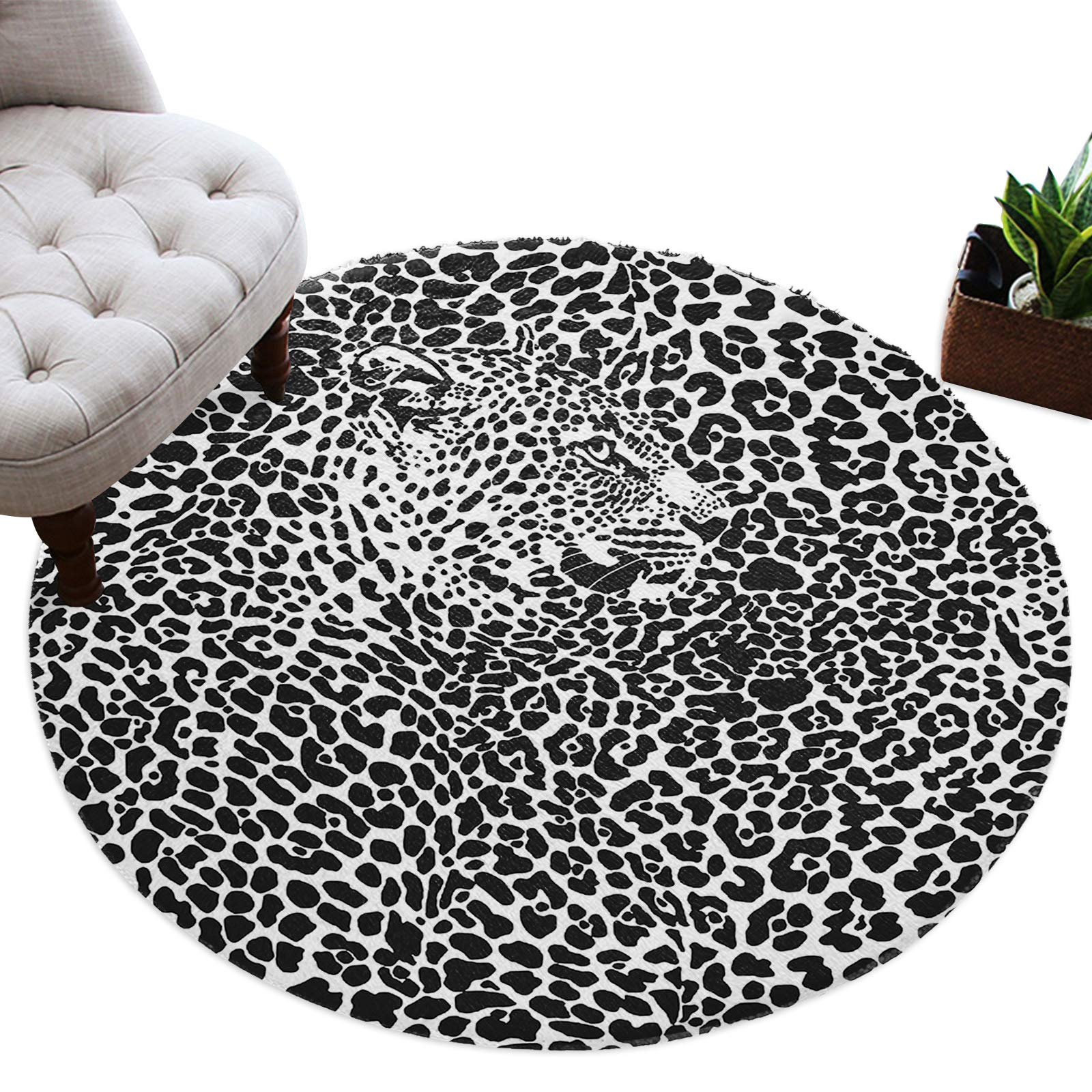 Soft Shaggy Area Rug - Abstract Leopard Print Black & White Non-Slip Fluffy Carpet, Plush Round Floor Mat for Bedroom, Living Room & Nursery (5ft) - Perfect for Cozy Home Decor & Kids Play Area