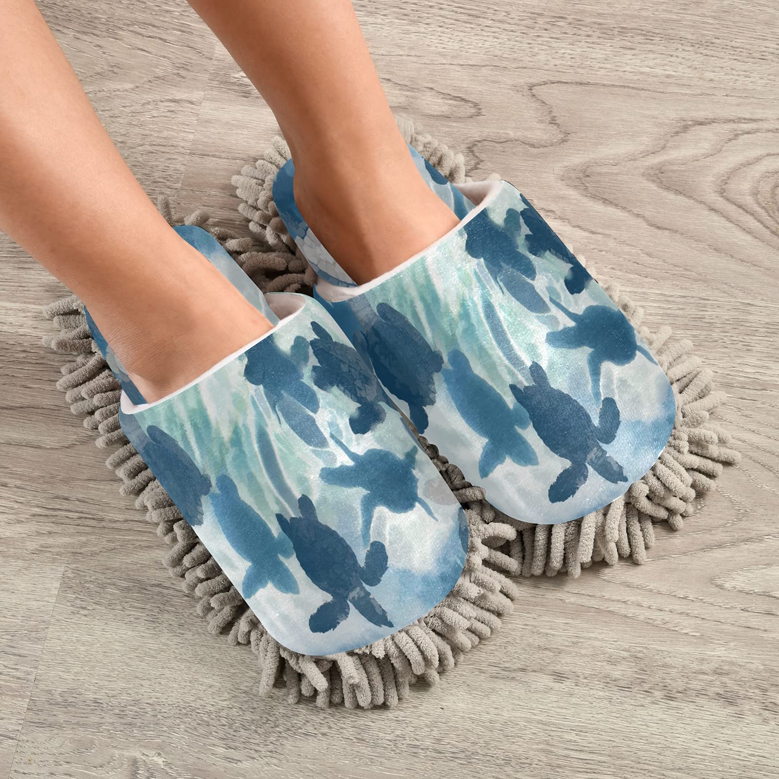 Blue Sea Turtle Mop Slippers - Animal Ocean Themed Spa & Cleaning House Shoes for Dusting - Comfortable Home Slippers for Men & Women - Perfect for Bathroom, Kitchen Cleaning and Relaxing at Home