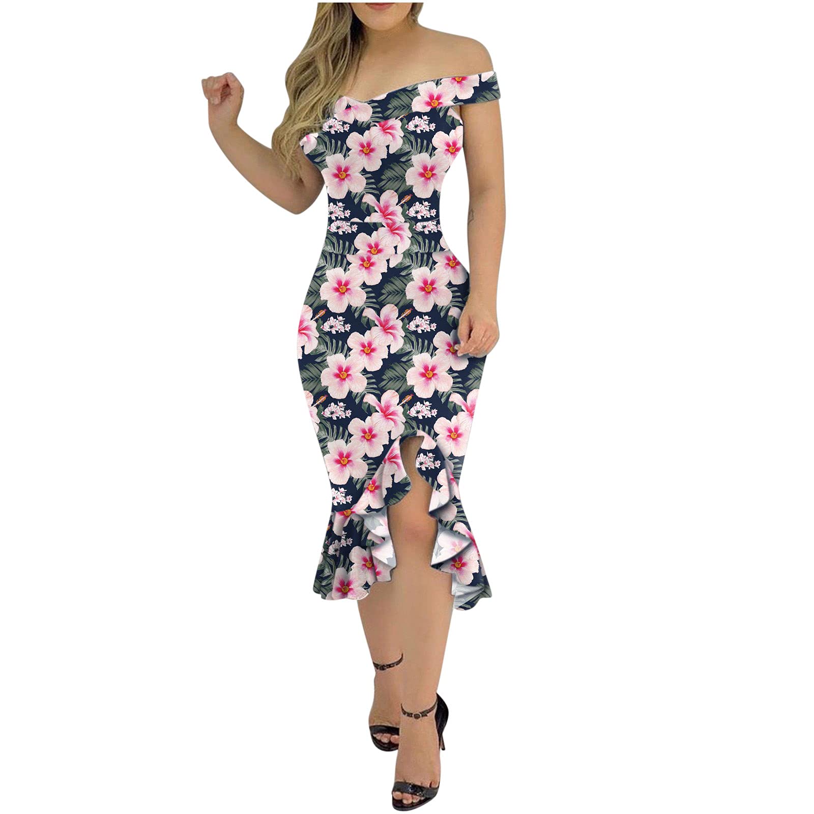 LADIGASU Women's Off-Shoulder Floral Print Wrap Dress with Ruffle Detail & Side Slit - Sexy Ruched Bodycon Midi Dress for Party, Cocktail, Date Night & Special Occasions