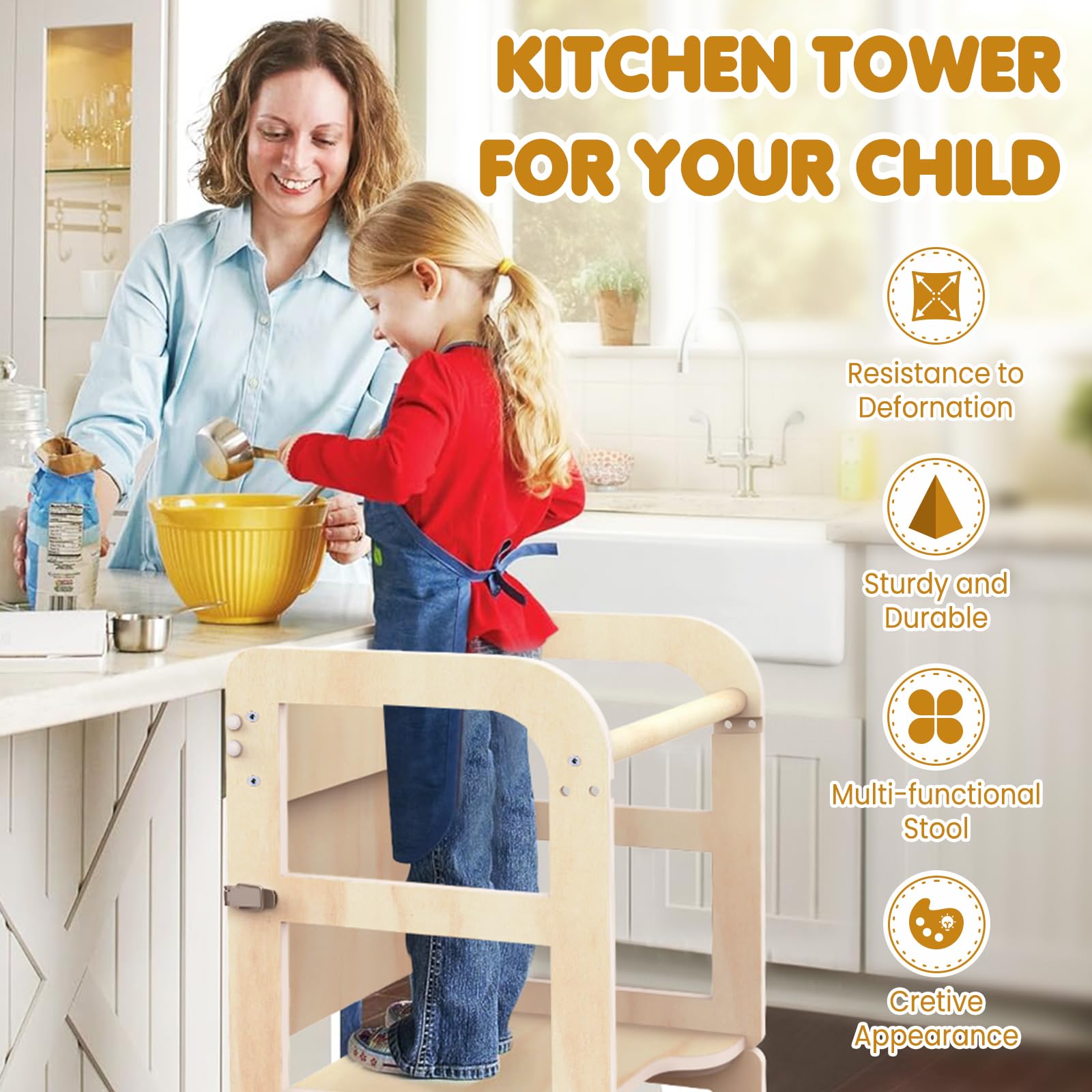 6-in-1 Multifunctional Toddler Step Stool with Foldable Learning Tower, Blackboard & Feeding Tray - Wooden Kitchen Helper for Kids Ages 1-3 - Perfect for Cooking, Learning & Playtime - Ideal Gift for Boys & Girls