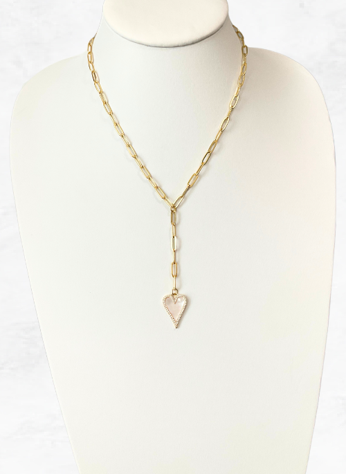 Heart and Pearl Pave Y Necklace in Gold - Elegant Jewelry for Women, Perfect for Weddings, Parties & Special Occasions