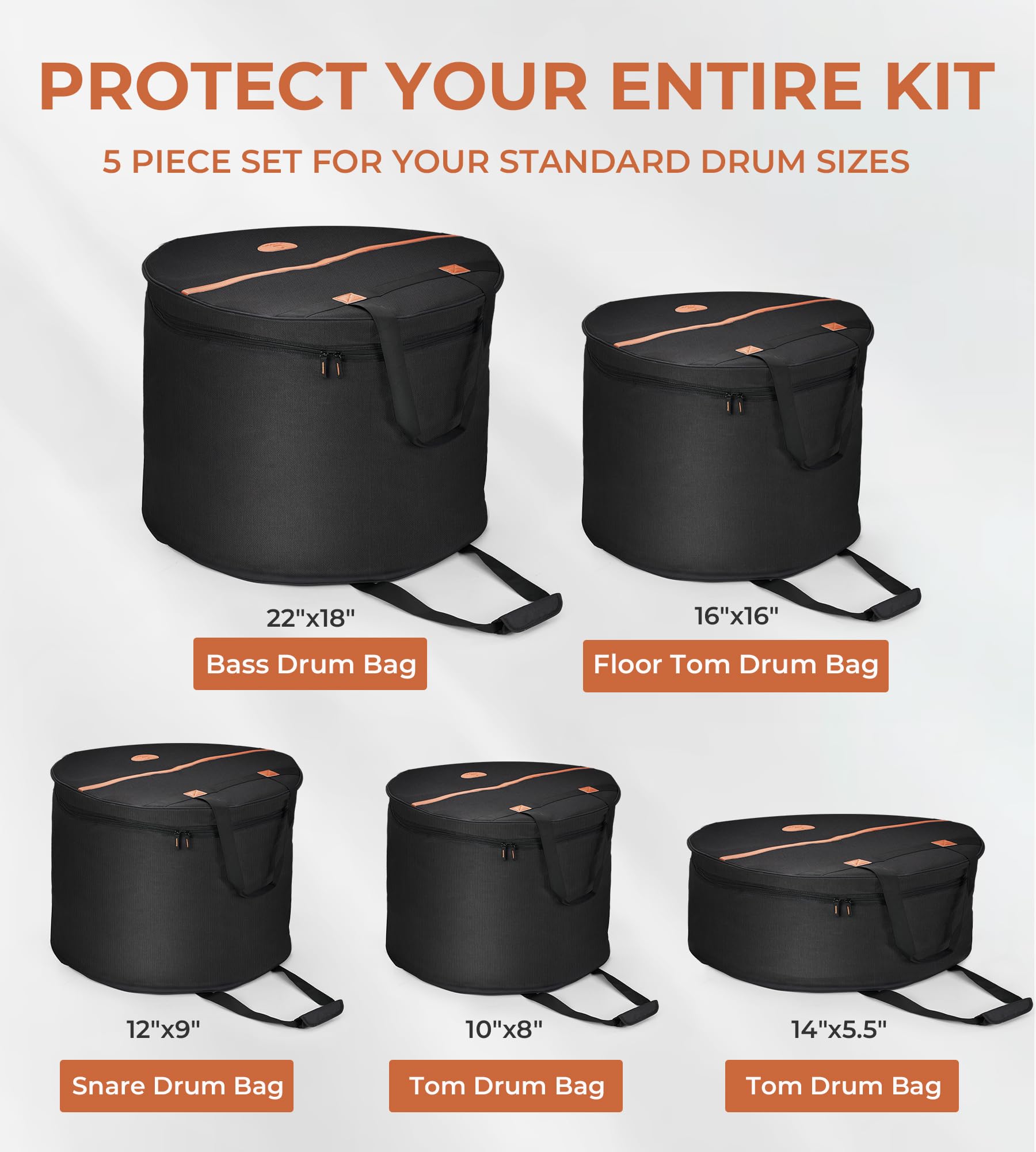 Vangoa 5-Piece Drum Bag Set with Thick Padding - Protective Drum Cases for 12