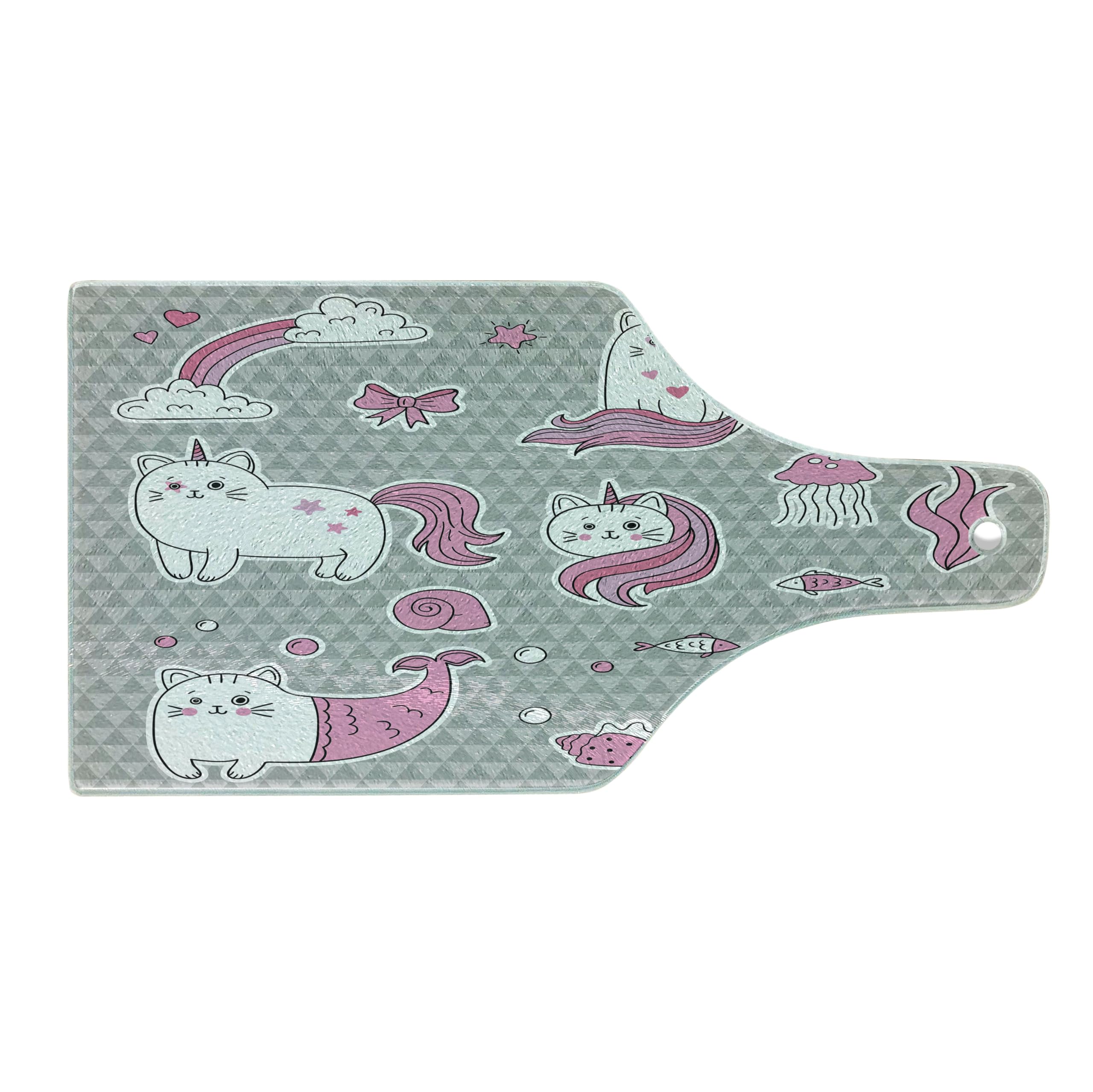 Ambesonne Unicorn Cat Cutting Board - Cute Cat, Unicorn & Mermaid Fish Design with Bubbles & Hearts Underwater Theme - Tempered Glass Serving Board for Kitchen, Cheese, Charcuterie - Wine Bottle Shape in Grey, Pale Pink & White - Perfect for Gifts, Parties & Home Decor