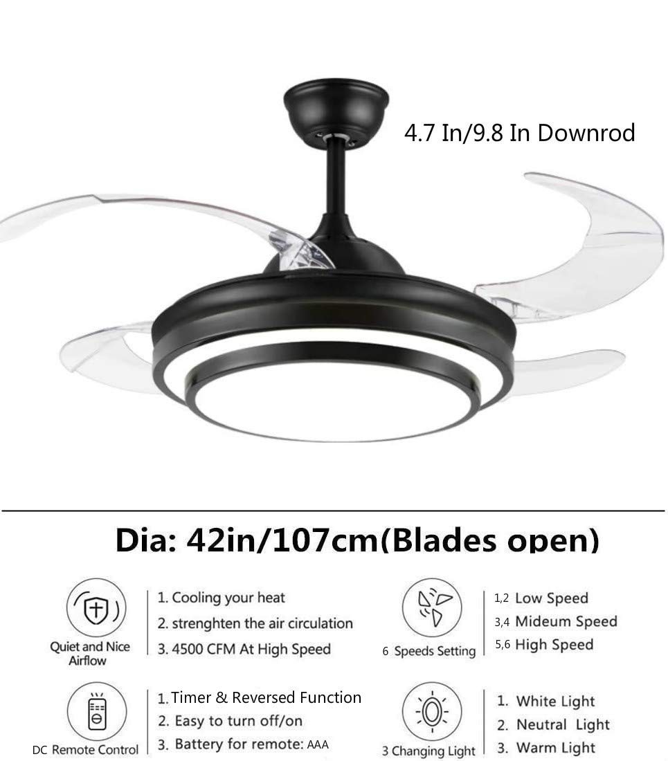42 Inch Retractable Ceiling Fan with LED Light and Remote Control - 4 Clear ABS Blades - Modern Chandelier Style for Living Room, Dining Room & Bedroom - Energy Efficient Indoor Ceiling Fan Light Combo (Black) - Perfect for Home Cooling and Stylish Lighting