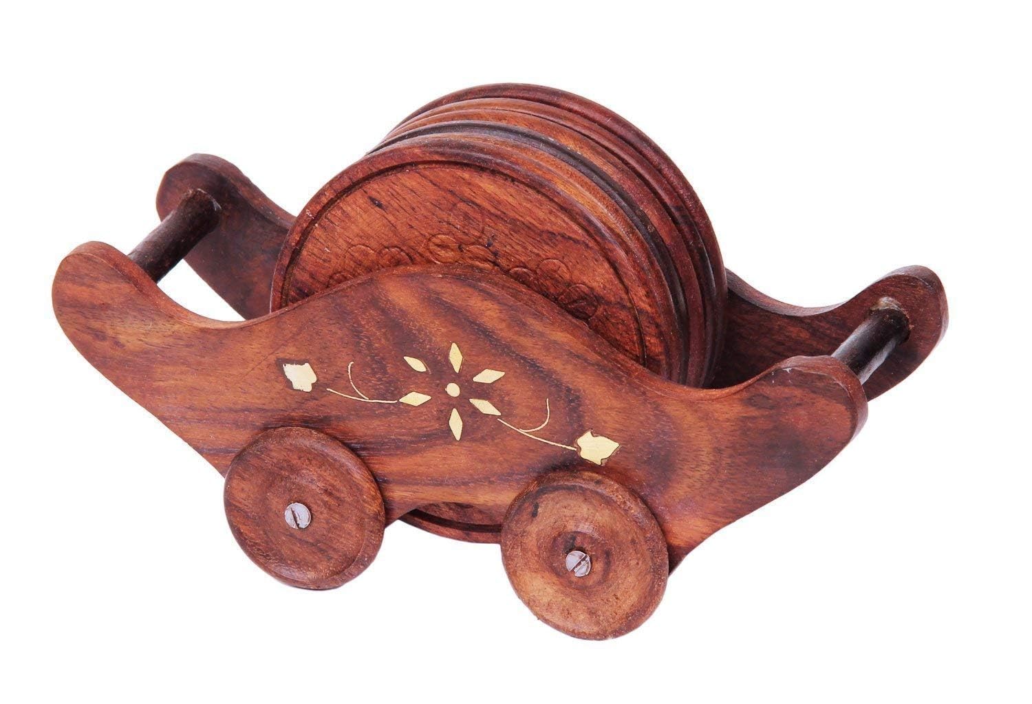 Handmade Wooden Miniature Boat Tea Coaster Set - 6 Piece Wood Tea Tray with Wheels for Coffee, Beer & Cups (7x4 Inch) - Perfect for Home Decor, Kitchen, Office & Gift Giving