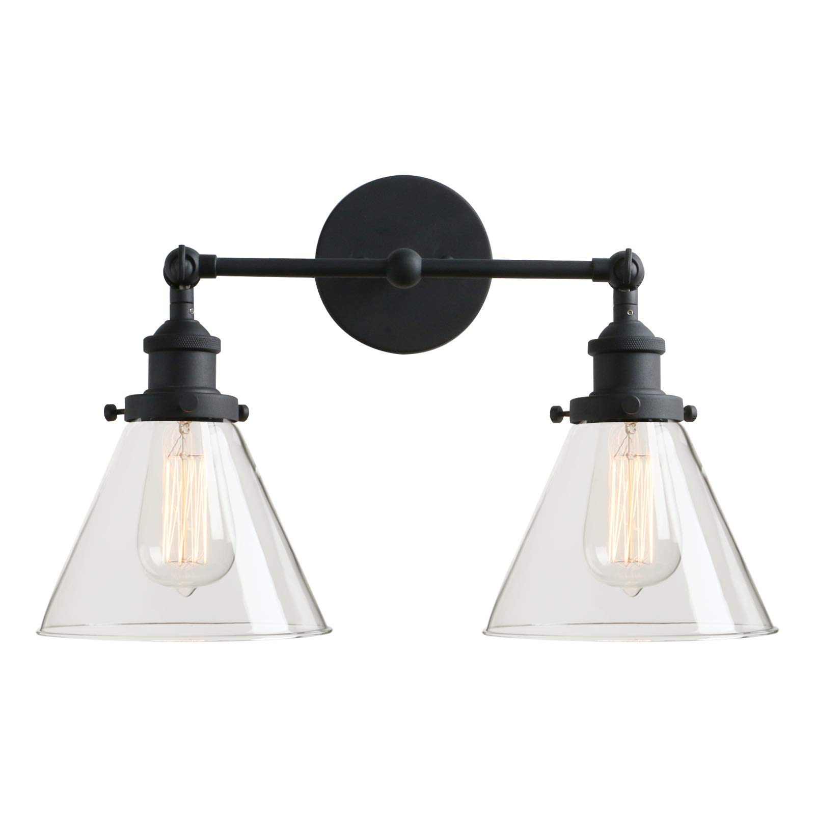 PERMO Industrial Double Sconce Wall Light - 2-Light Hardwired Wall Sconce with Clear Glass Shades, E26 Base for Mirror, Hallway, Bedroom Lighting - Black (Perfect for Vintage Home Decor & Industrial Style Interiors)