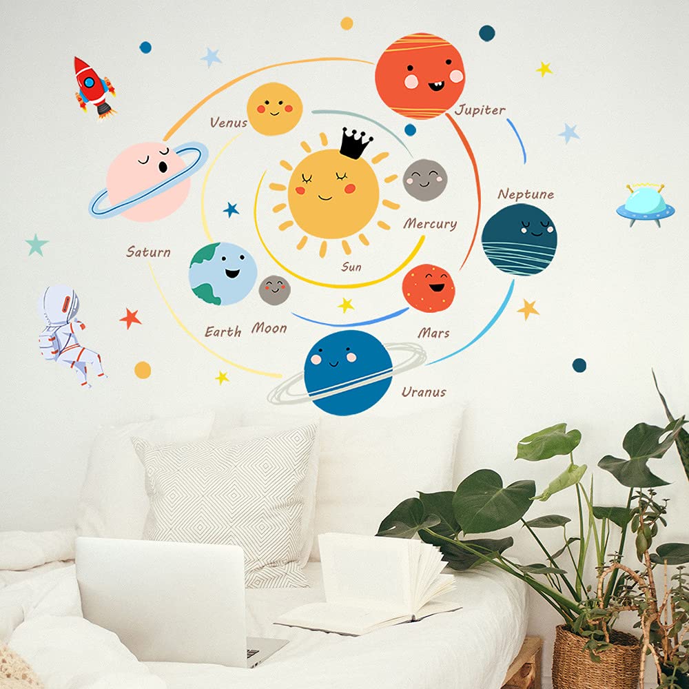 Cartoon Solar System Wall Stickers for Kids Room - Removable Planets Wall Decals for Nursery, Playroom & Bedroom Decor - Perfect for Space-Themed Learning & Fun