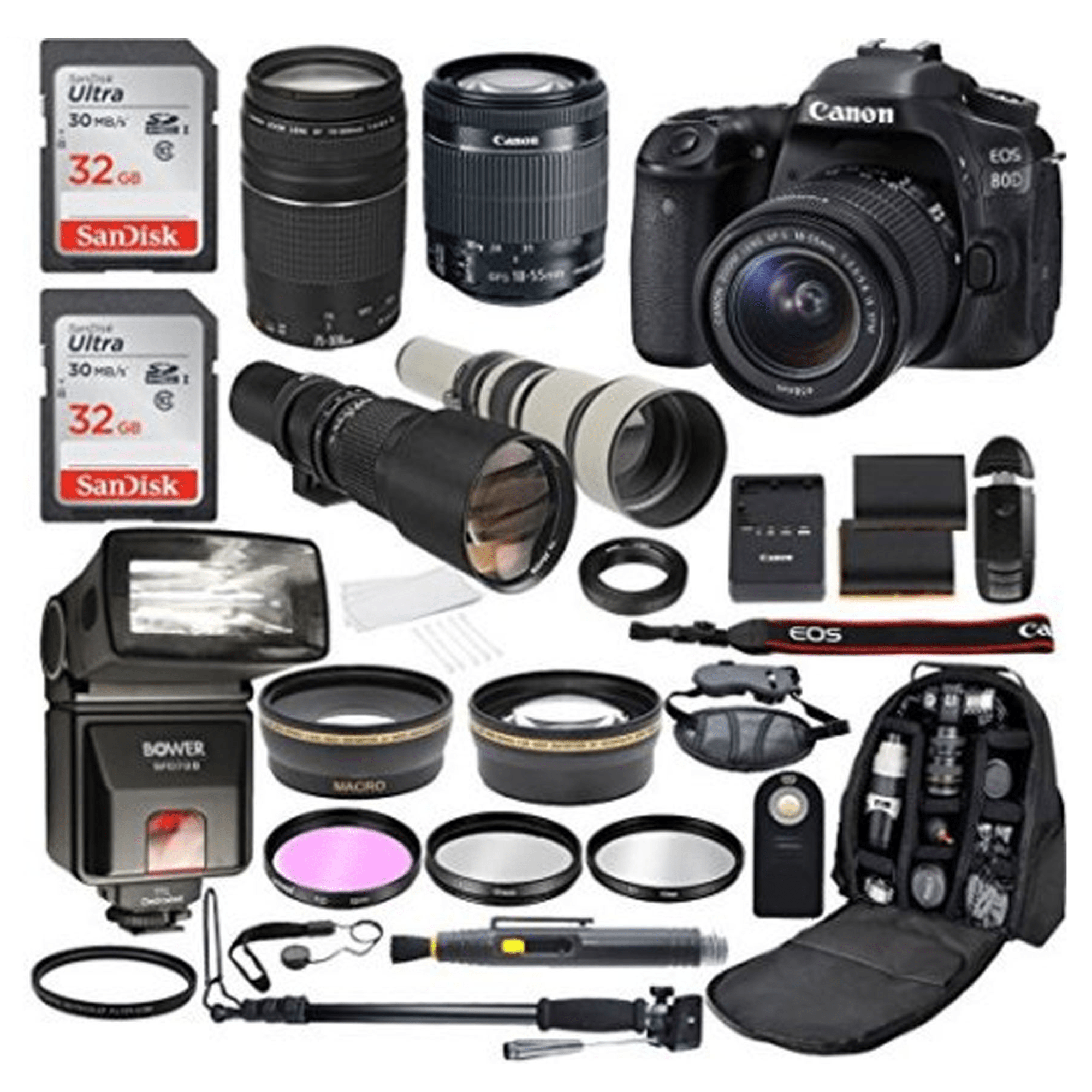 Canon EOS 80D DSLR Camera Bundle with EF-S 18-55mm IS STM Lens, EF 75-300mm f/4-5.6 III Lens, 500mm & 650-1300mm Telephoto Zoom Lenses - Perfect for Wildlife, Sports & Travel Photography