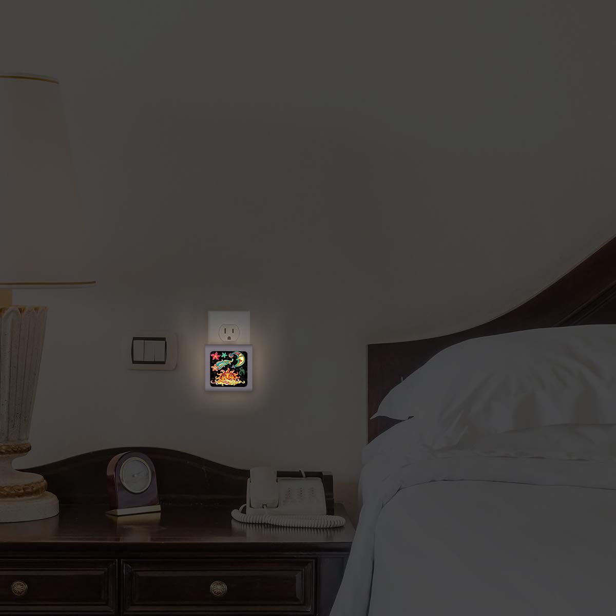 Dimmable LED Night Light with Auto On/Off Sensor, Adjustable Brightness & Warm White Light - Perfect for Bathroom, Hallway, Nursery & Bedroom - Cute Sun, Moon & Stars Design for Kids' Rooms & Cozy Spaces