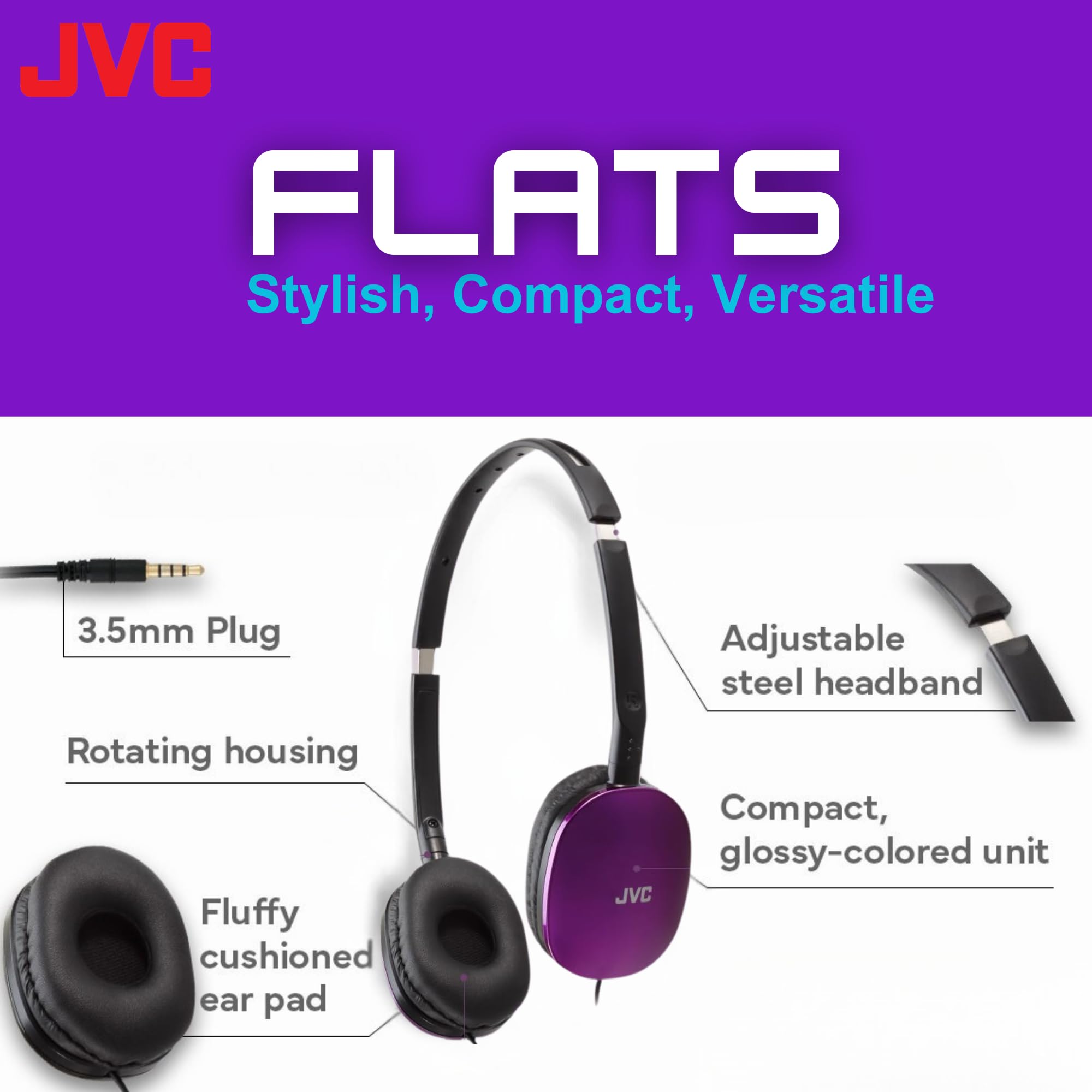 JVC HAS160V Lightweight Flat On-Ear Headphones with 30mm Drivers - Violet Purple | Perfect for Commuting, Travel & Office Use