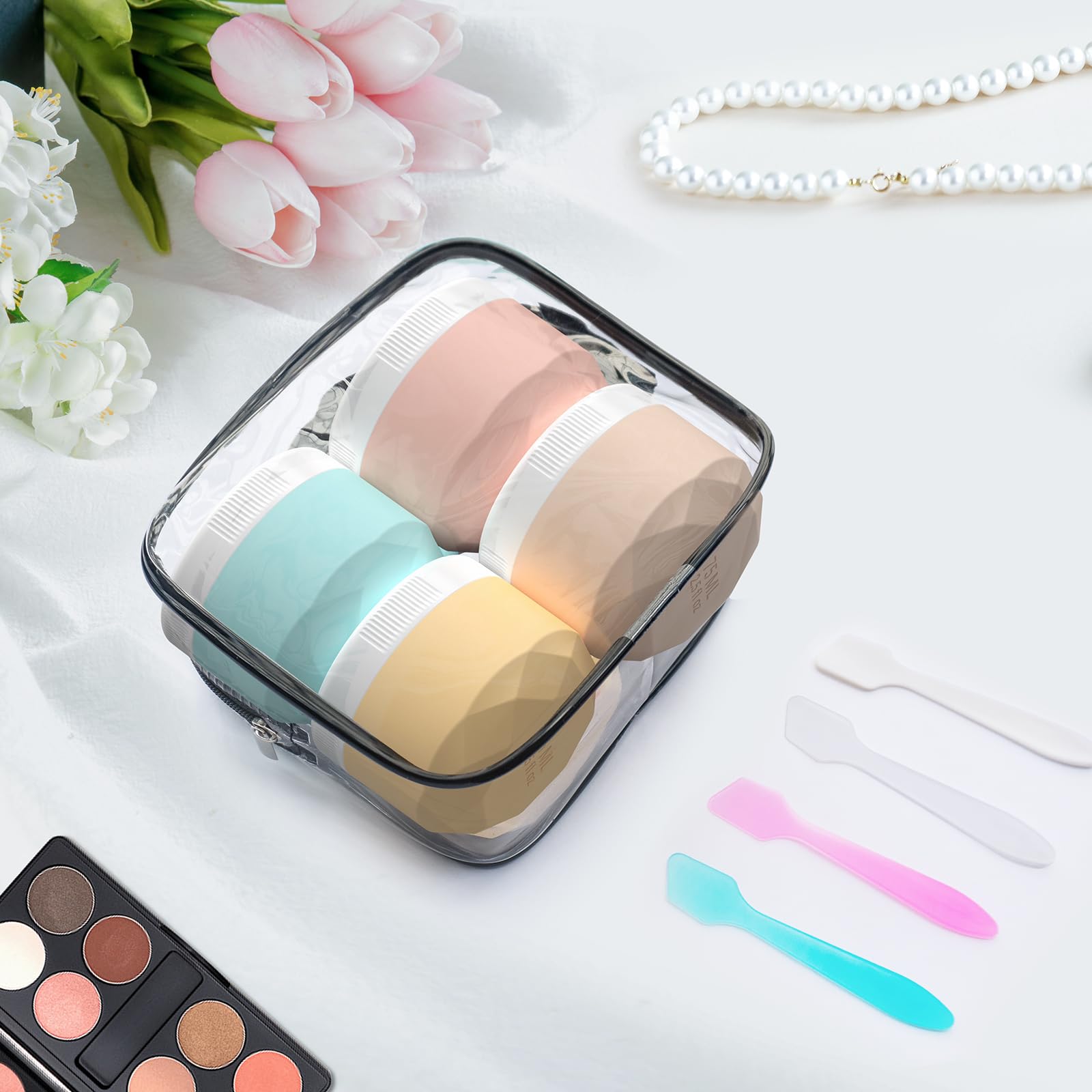 TSA Approved 4-Pack 1oz Silicone Travel Containers for Toiletries | Leakproof & BPA Free Cosmetic Jars for Creams, Lotions, Skincare & Makeup | Includes Waterproof Bag | Perfect for Air Travel, Gym & Vacation Essentials