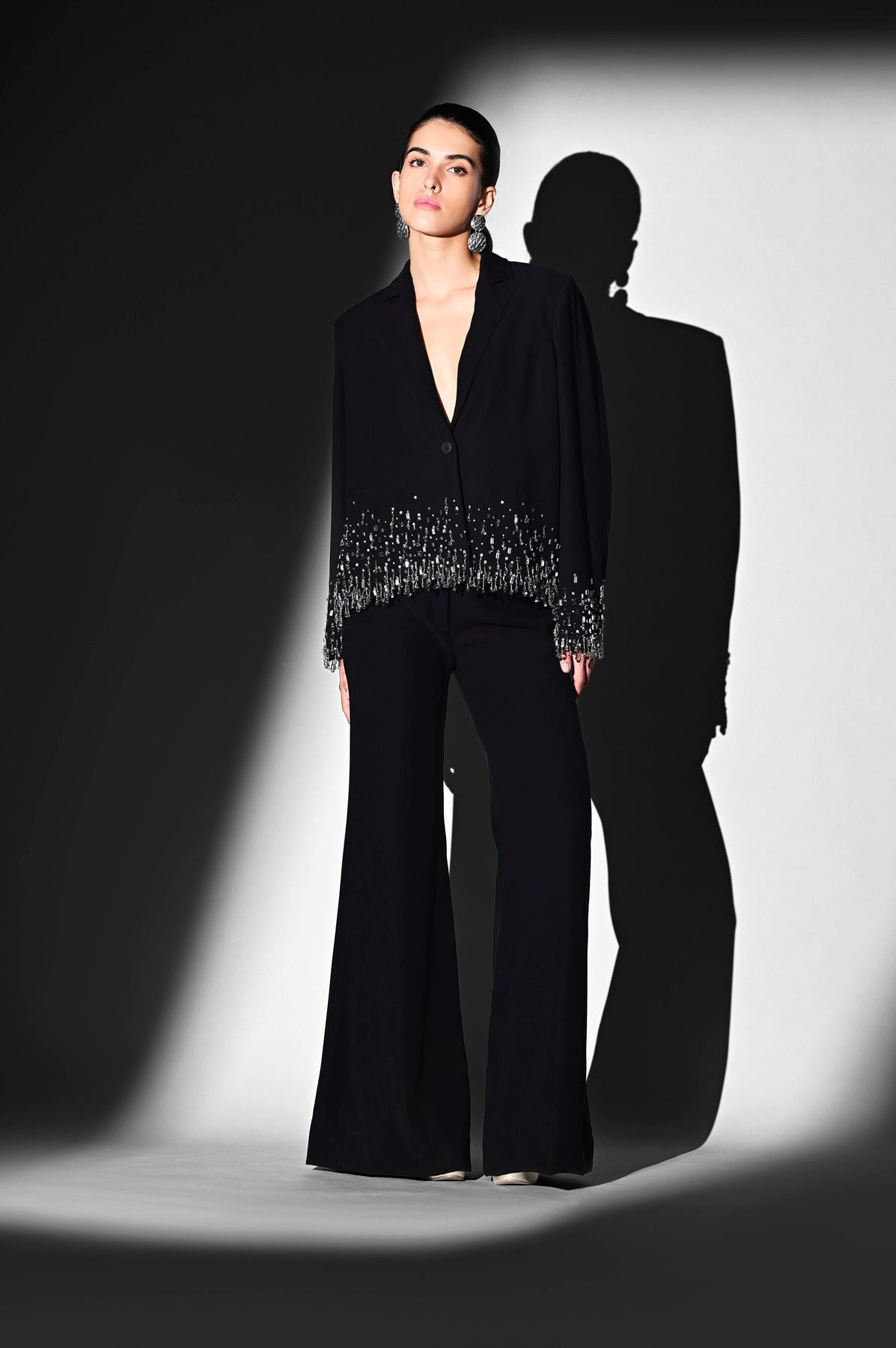 Elegant Black Blazer with Crystal Glass Bead Embroidery & Flared Pants Set - Perfect for Evening Parties, Weddings, and Formal Events