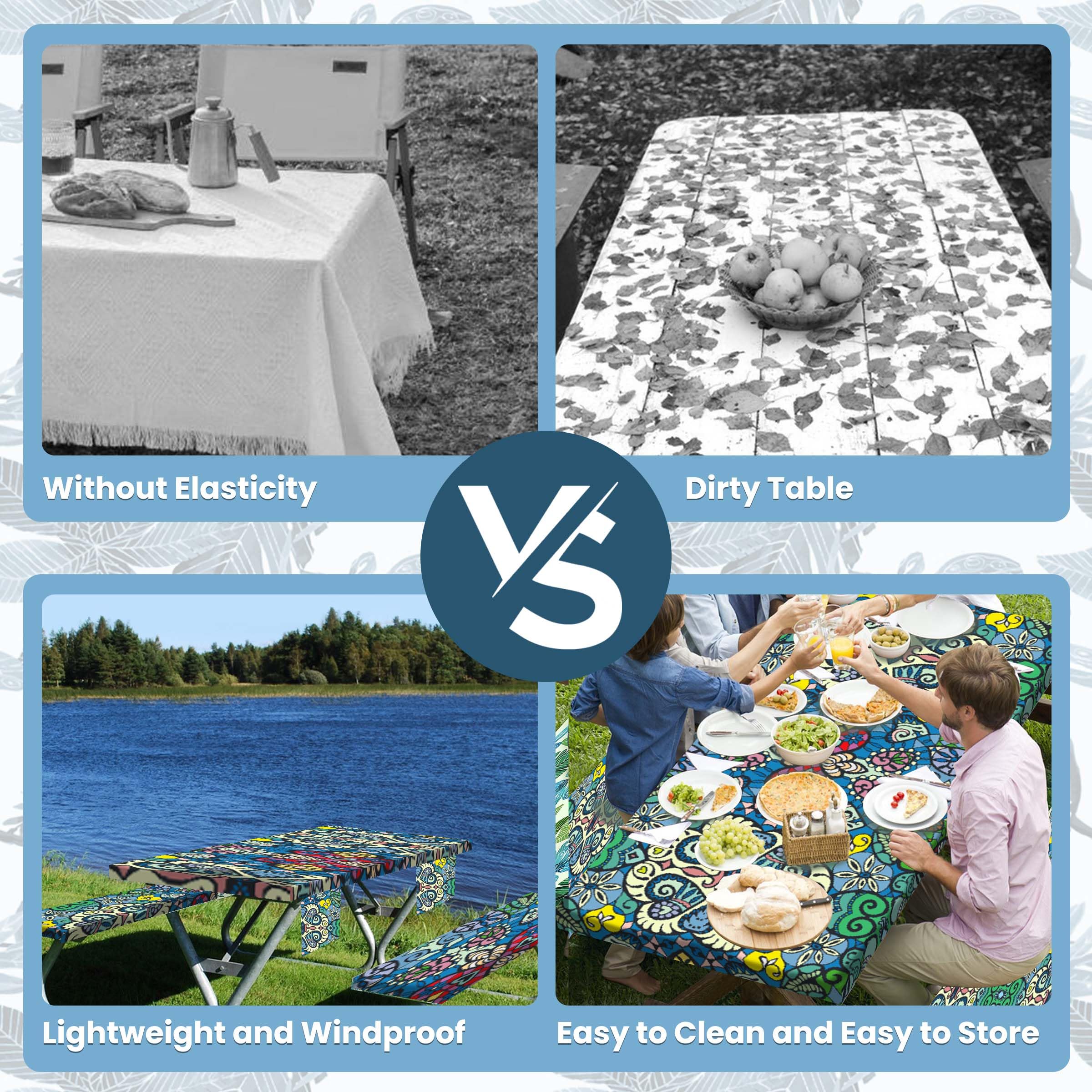 Waterproof Windproof Picnic Table Cover with Bench Covers - Elastic Rectangle Tablecloth with Storage Bag (Blue-Green Mandala, 72x30 inches) - Perfect for Outdoor Dining, BBQs, Camping & Picnics