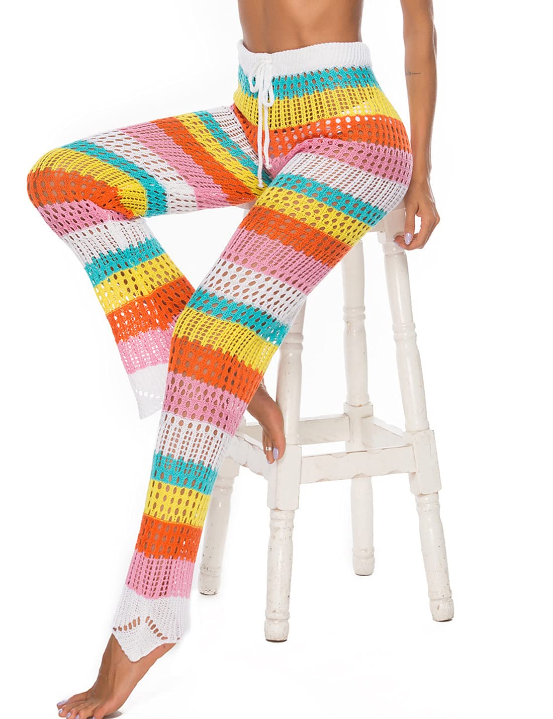 PEHMEA Women's Crochet Beach Pants - Hollow Out Rainbow Swimsuit Cover Up Trousers for Summer Vacation, Pool Party & Boho Fashion