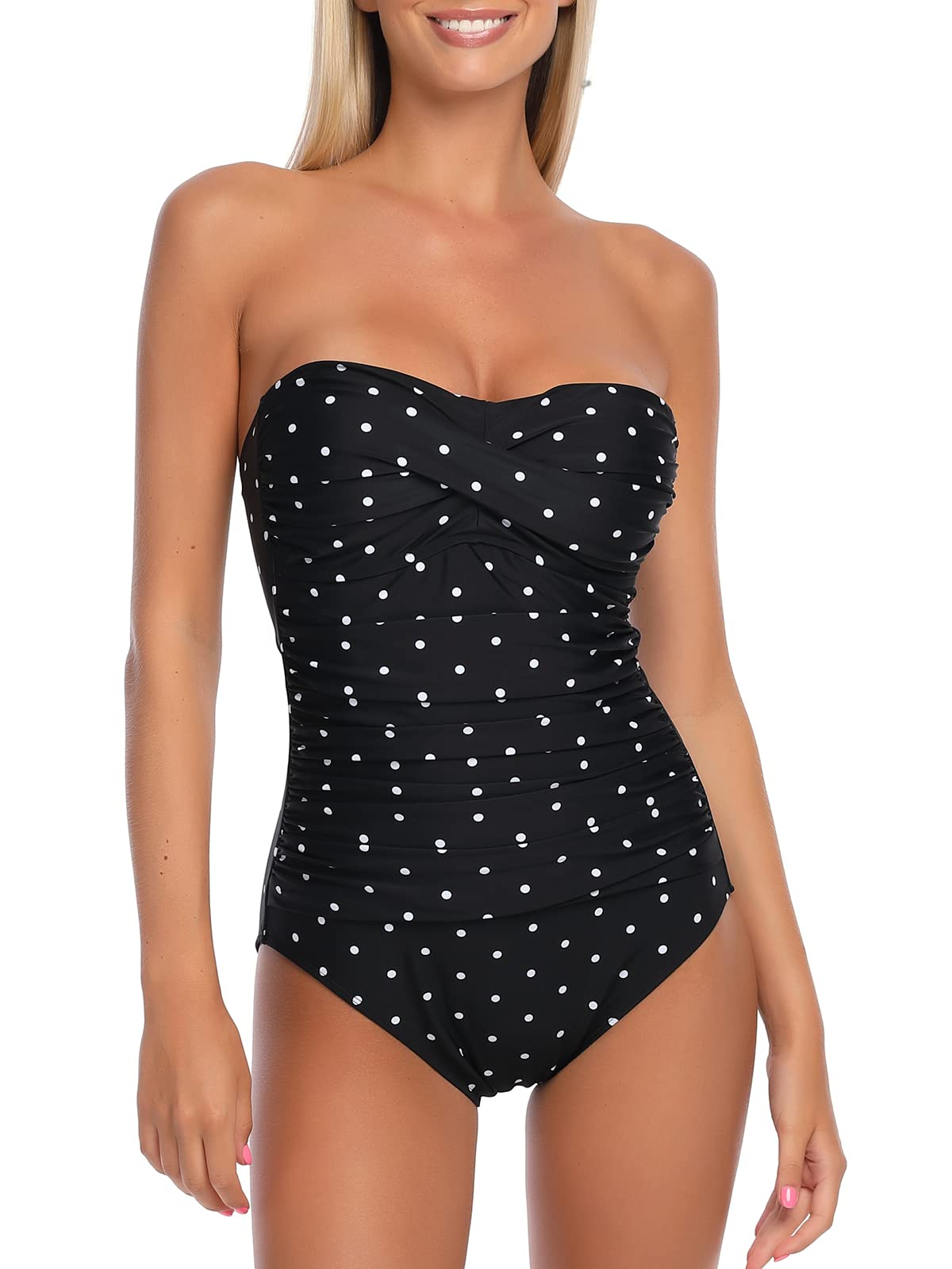 Ocean Blues Women's Bandeau One Piece Swimsuit - Molded Cups & Tummy Control Shirring Bathing Suit for Beach, Pool & Summer Vacations