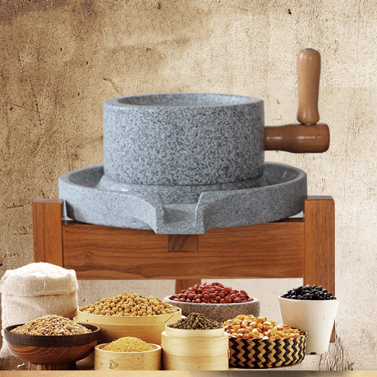 Premium Manual Granite Stone Mill - Hand Crank Grain Grinder for Dry & Wet Flour - Natural Wheat, Corn & Nut Grinder with Wooden Stand (7.87x11.8in) - Perfect for Homemade Bread, Artisan Baking & Organic Cooking