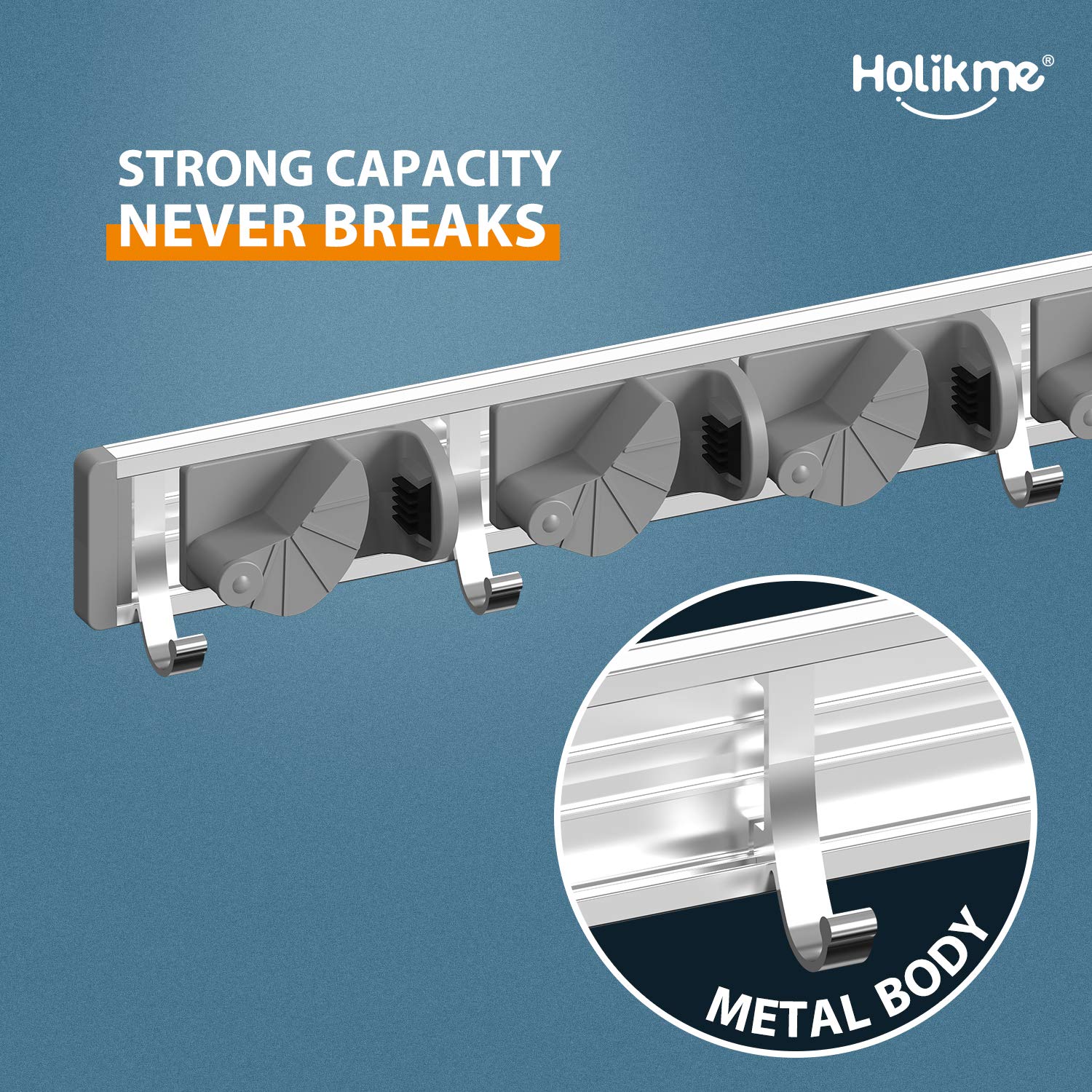 Holikme 4-Position Wall Mount Mop Broom Holder - Metal Pantry Organizer with 4 Hooks for Kitchen, Garden & Home Storage (Silver) - Perfect for Organizing Cleaning Tools in Laundry Rooms, Garages & Utility Closets