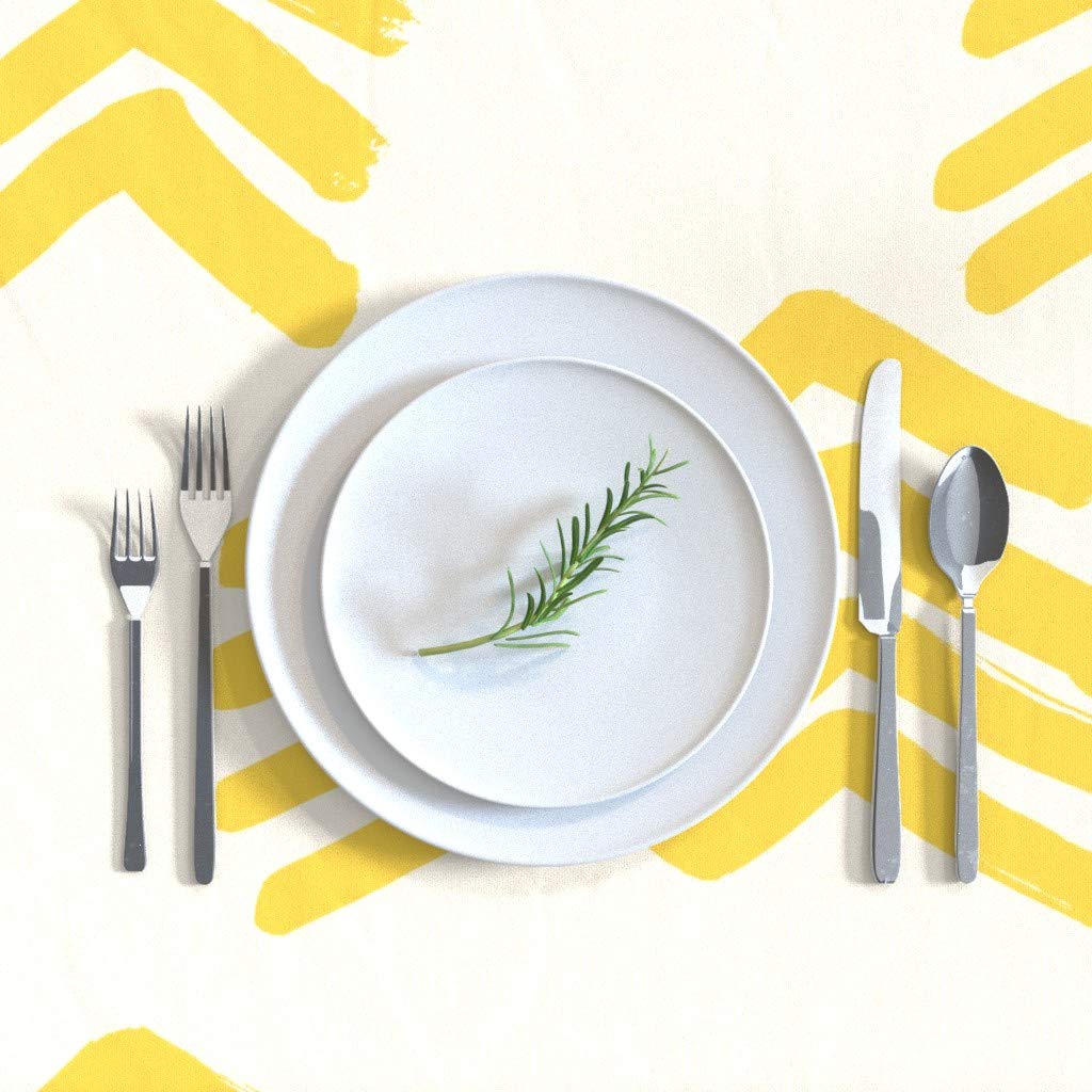 Boho Mountains Yellow Cotton Sateen Tablecloth 70x108 Inches - Abstract Brush Bohemian Print for Dining Room, Nursery & Van Life Decor | Custom Table Linens for Home & Travel