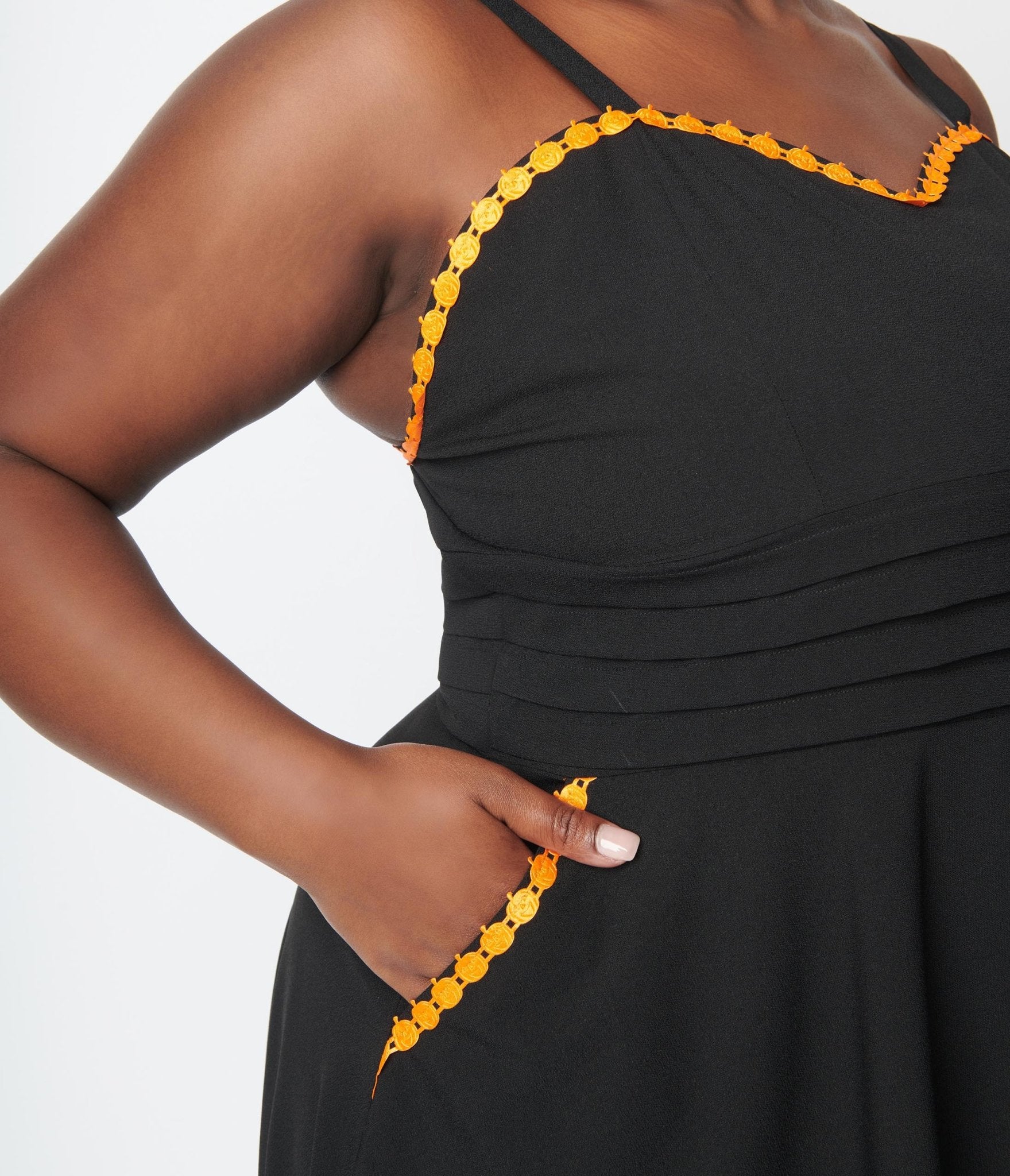 Vintage Black & Pumpkin Trim Follow Your Heart Fit & Flare Dress - Retro Style Women's Party Dress for Halloween, Thanksgiving & Fall Occasions