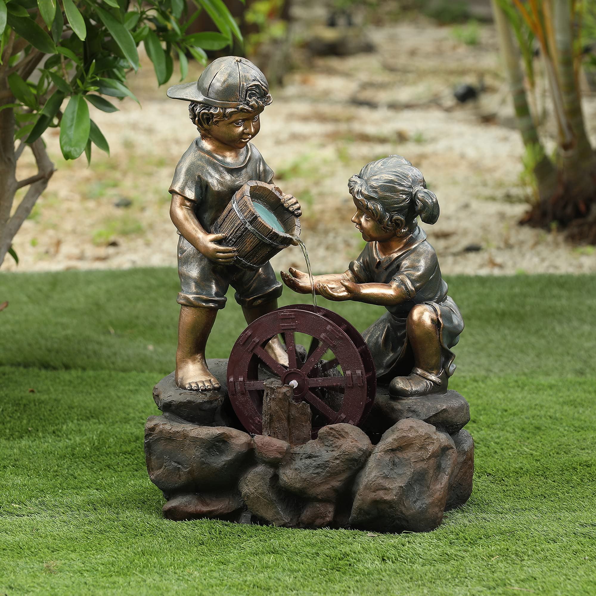 LuxenHome Resin Water Wheel Fountain for Kids - Outdoor Garden Decor, Patio Water Feature, Relaxing Backyard Landscape Accent - Perfect for Gardens, Yards, and Outdoor Relaxation Spaces