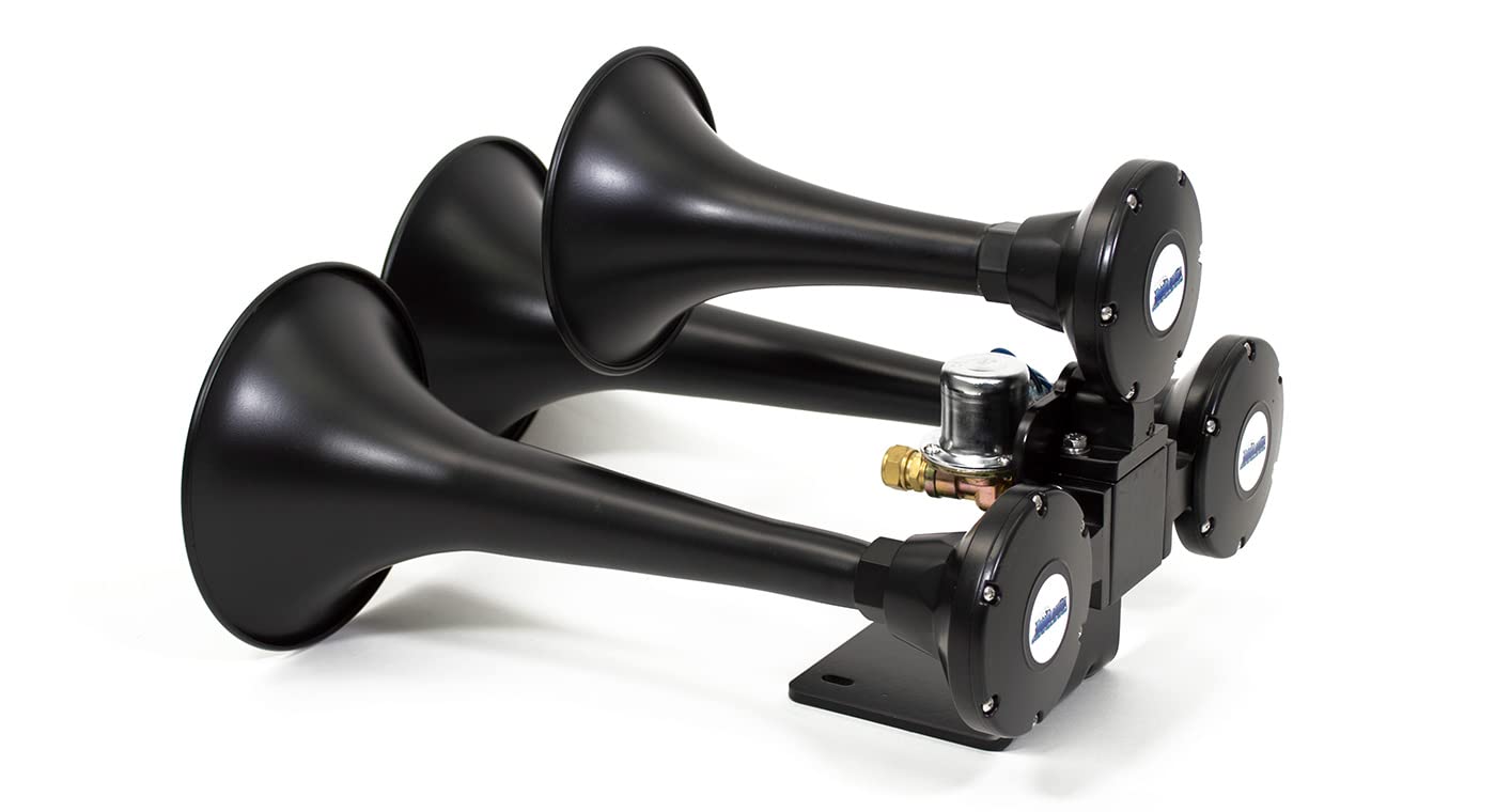 HornBlasters Outlaw Black 12/24 Volt Train Horn Kit - 3 Trumpet Air Horn for Trucks & Vehicles - Loud 150dB Sound for Emergency & Safety - Perfect for Semi Trucks, Boats & Off-Road Adventures