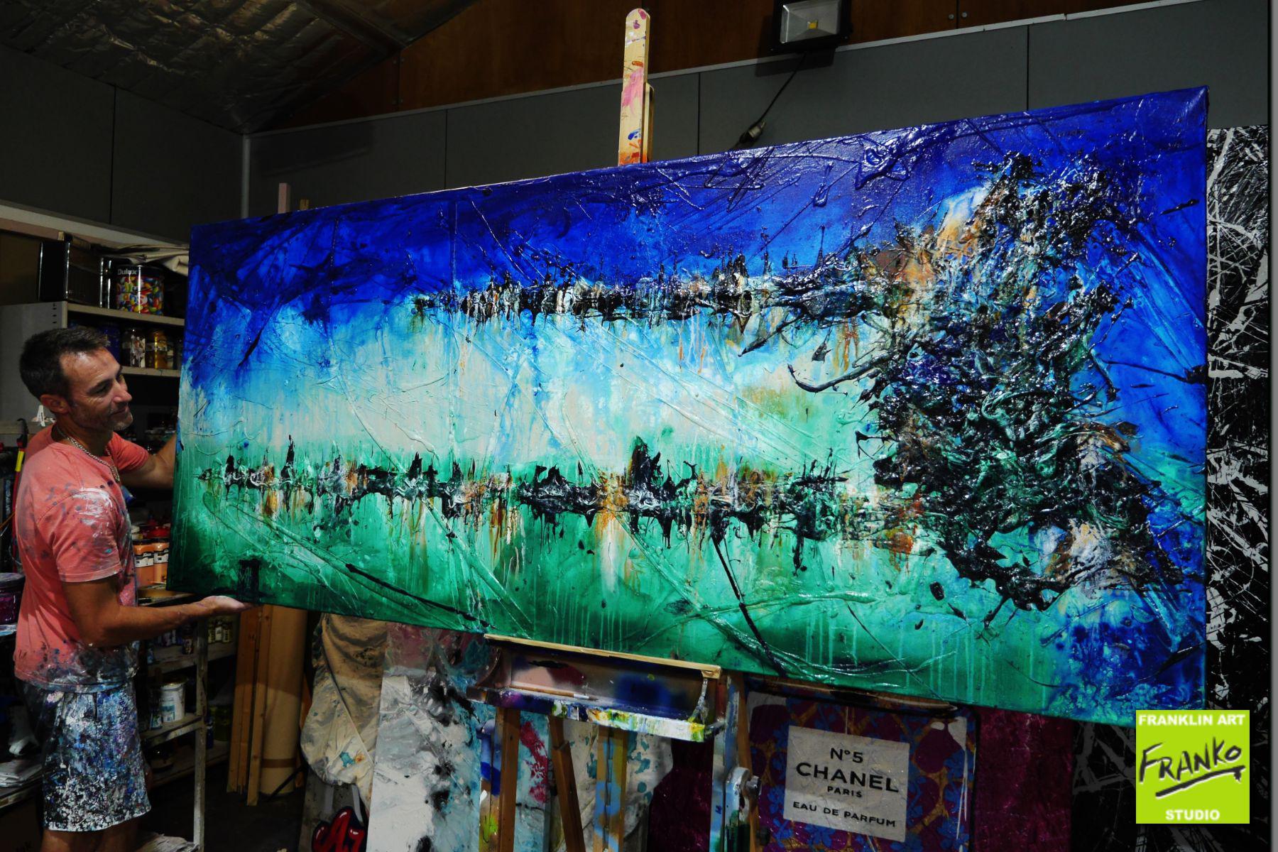240cm x 100cm Blue Green Textured Abstract Nature Wall Art Painting - Perfect for Living Room, Bedroom & Office Decor