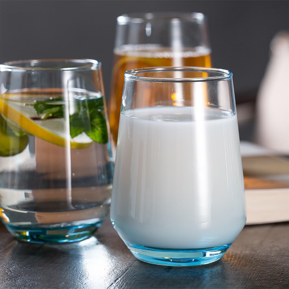 Mivana Premium 450ml Juice Glasses Set of 6 - Lead-Free Highball Drinking Tumblers for Water, Juice, Beer, Cocktails & Mixed Drinks - Transparent Blue - Perfect for Home Bars, Parties & Restaurants