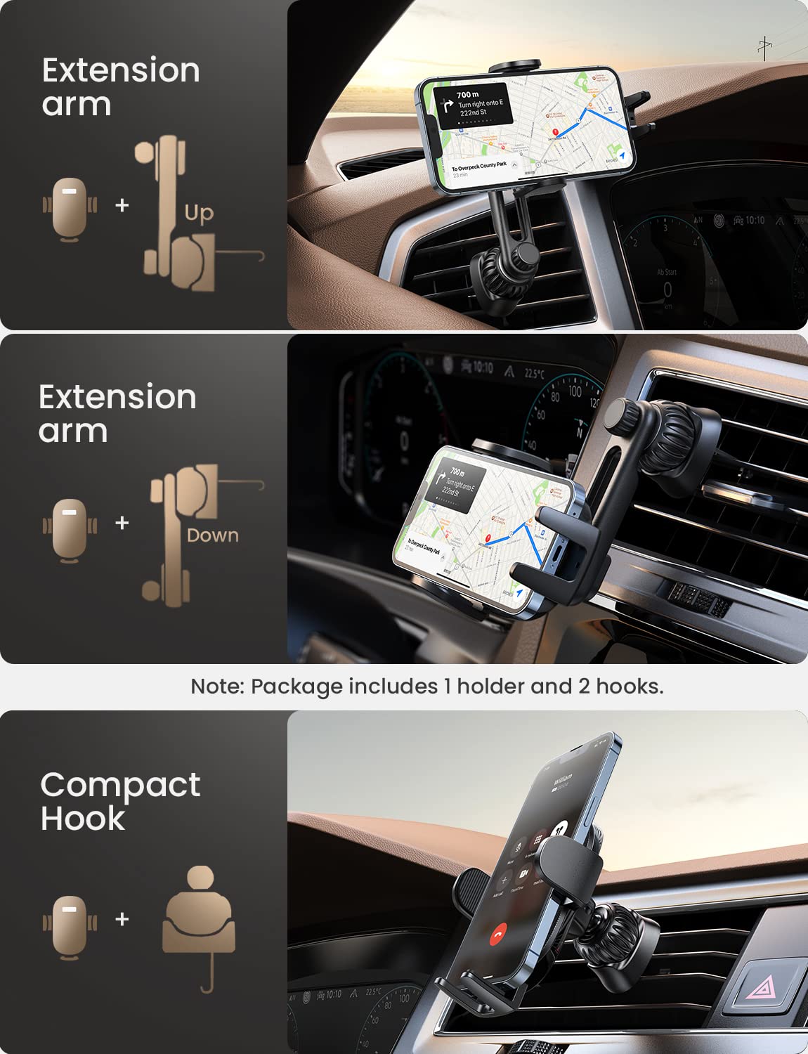 LISEN Universal Car Phone Holder Mount - Vent Clip with Metal Hook, Hands-Free Car Phone Stand for iPhone 16/16e/15 Pro Max/Plus & Samsung S25 [2 Hook Kit] - Perfect for GPS Navigation, Rideshare & Road Trips