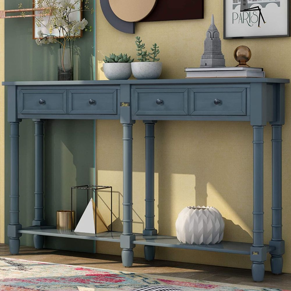 French Provincial Style Navy Blue Pillar Console Table - Elegant Entryway & Hallway Decor for Home & Office