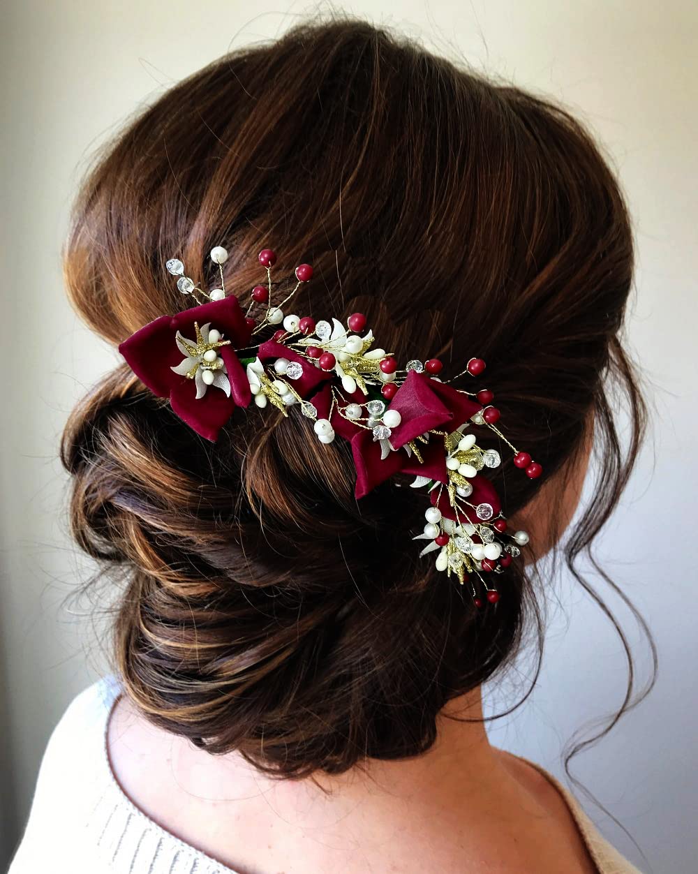 Artificial Lily Flower Hair Clip with Stone & Pearl - Bridal Hair Veil, Juda Bun, Hair Accessories for Women & Girls (Maroon) | Perfect for Weddings, Prom, Parties & Special Occasions