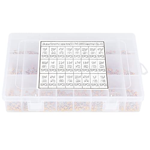 1200Pcs 24 Values Ceramic Capacitor Kit - Monolithic Multilayer Capacitors for Electronics Projects, DIY, School Labs & Home Repair - Compact & Safe Storage