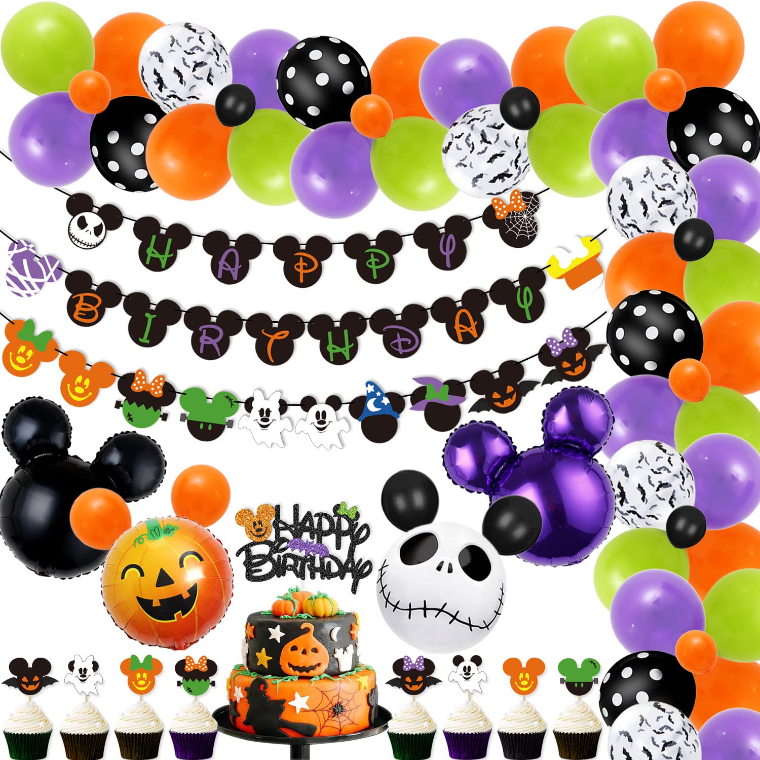 92 Pcs Mouse Halloween Birthday Party Kit - Happy Birthday Banner, Cake Topper, Cupcake Toppers & Balloon Arch - Perfect for Mouse Theme Halloween, Birthday Party Decorations & Kids' Celebrations