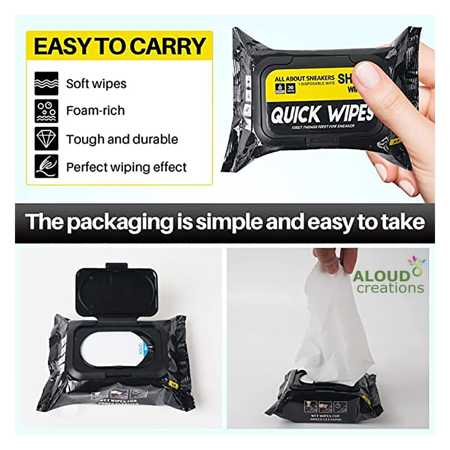 ALOUD CREATIONS Natural Sneaker & Shoe Cleaner Wipes - 80 Count Pack | Instant Cleaning Wipes for Shoes, Sneakers & Footwear | Removes Dirt, Stains & Odors | Perfect for Gym, Travel & Everyday Use