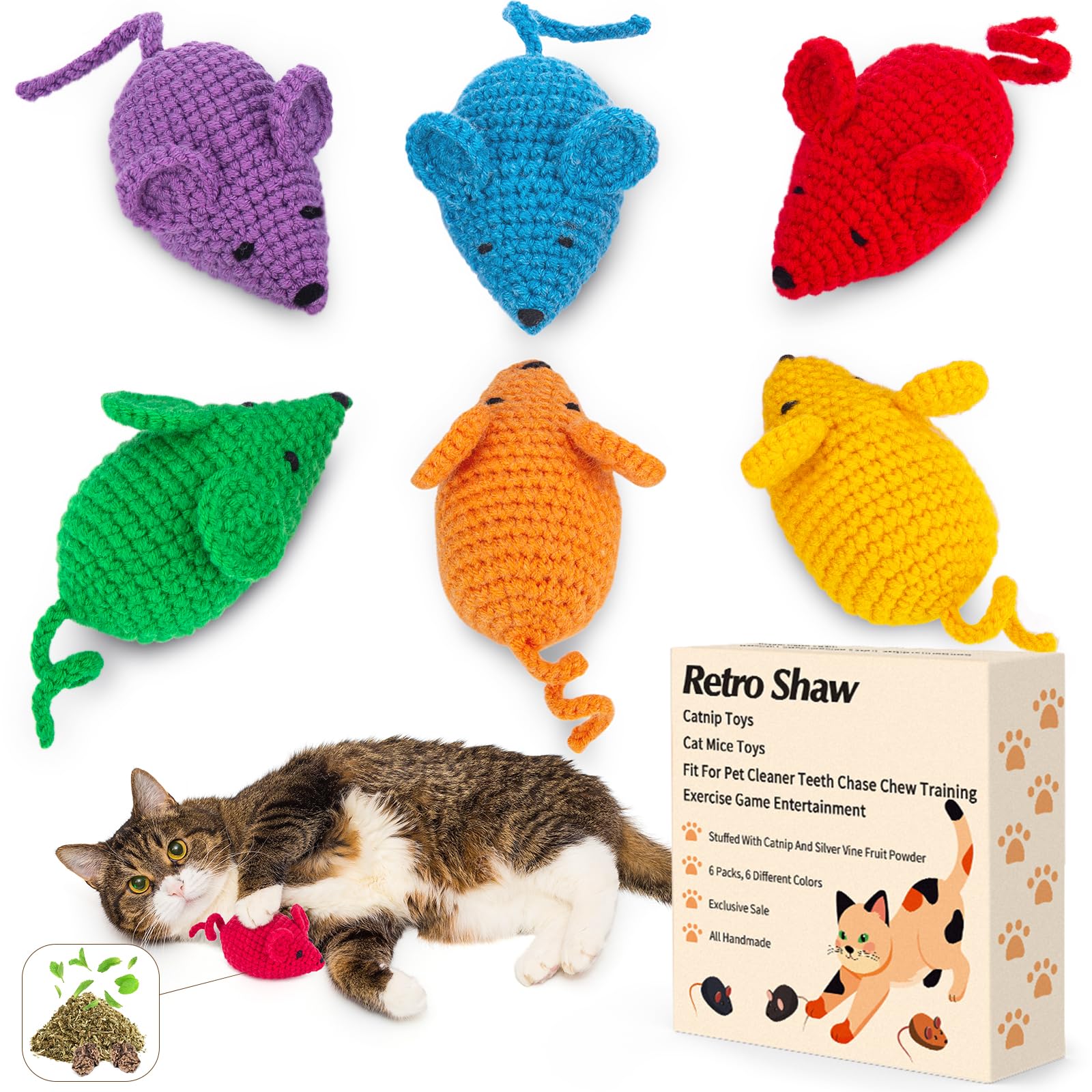 Retro Crochet Catnip Toys for Kittens - 6 Pack Yarn Mice with Catnip, Safe Teeth Cleaning & Interactive Kicker Toys for Indoor Cats - Perfect for Playtime, Training, and Stress Relief