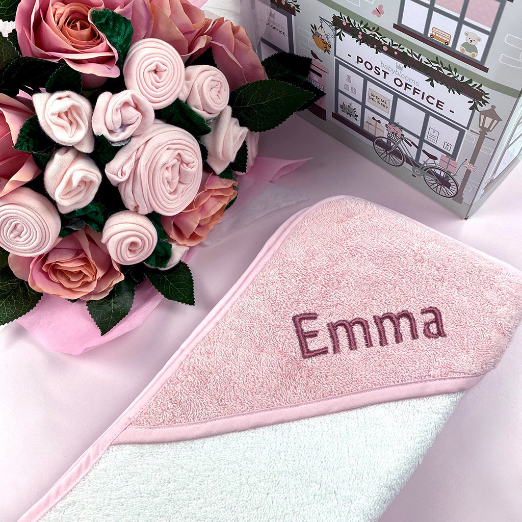 Luxury Rose Baby Clothes Bouquet & Personalized Baby Towel Set - Pink | Newborn Gift, Baby Shower, Christening, Photo Prop, Nursery Decor