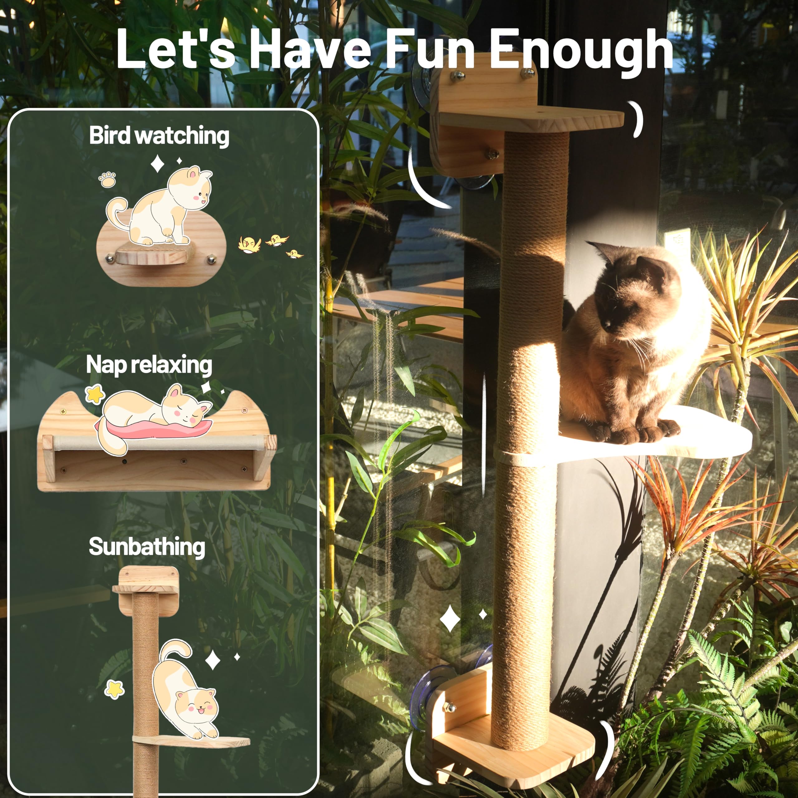 Premium 2-in-1 Cat Window Perch & Wall Shelves - Solid Wood Cat Hammock with Steps & 3-Tier Bed - Wall Mounted Cat Furniture with 18 Strong Suction Cups - Perfect for Indoor Cats to Lounge, Climb & Relax by Windows