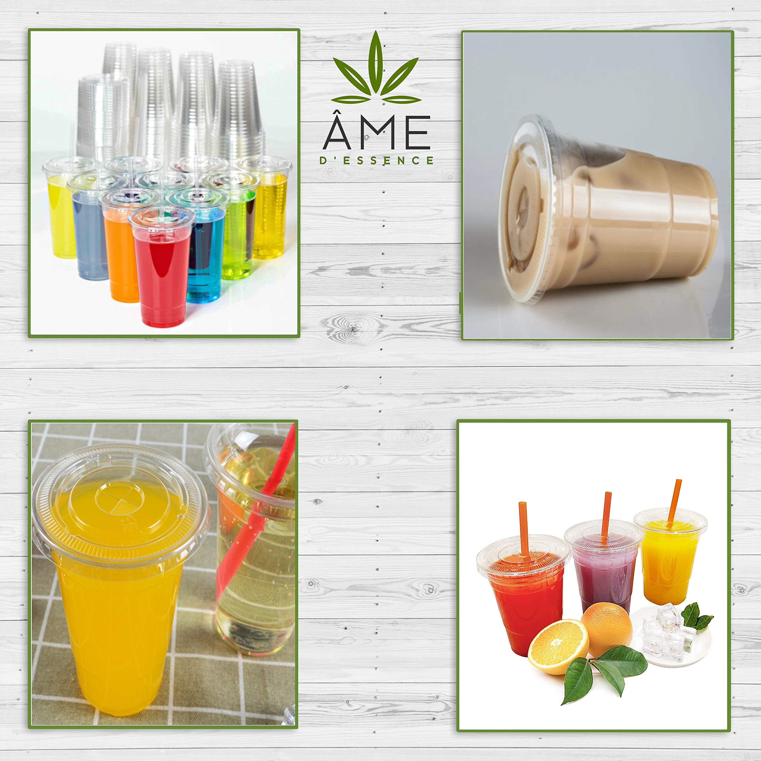 100-Pack AME D'ESSENCE 24oz Disposable Clear Plastic Cups with Flat Lids & Bonus Straws - Ideal for Iced Coffee, Parties, and Beverage Service (50 Cups + 50 Lids)
