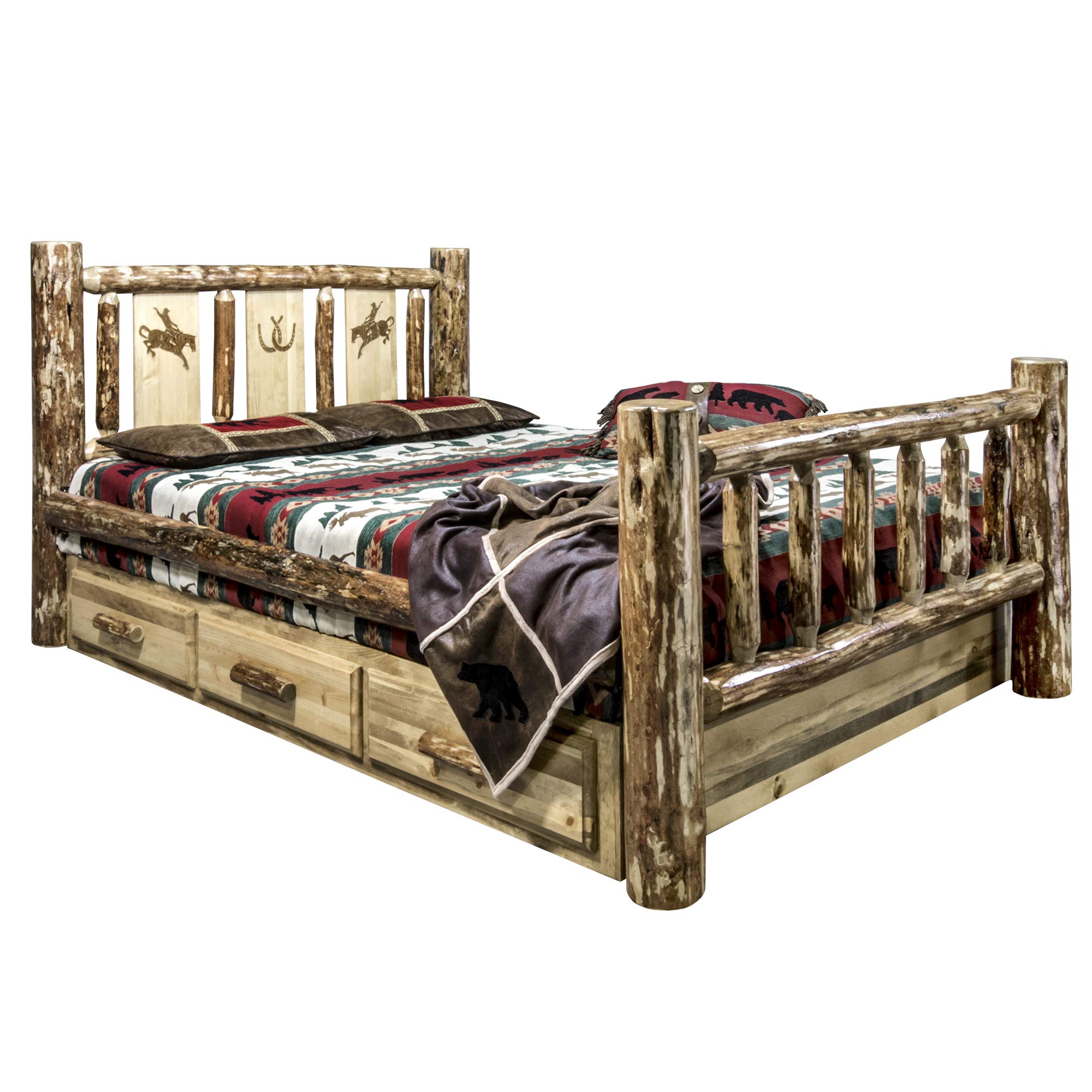 Montana Woodworks Twin Storage Bed with Laser Engraved Bronc Design - Rustic Wooden Platform Bed Frame with Underbed Drawers - Perfect for Kids Rooms, Guest Bedrooms & Small Space Storage Solutions