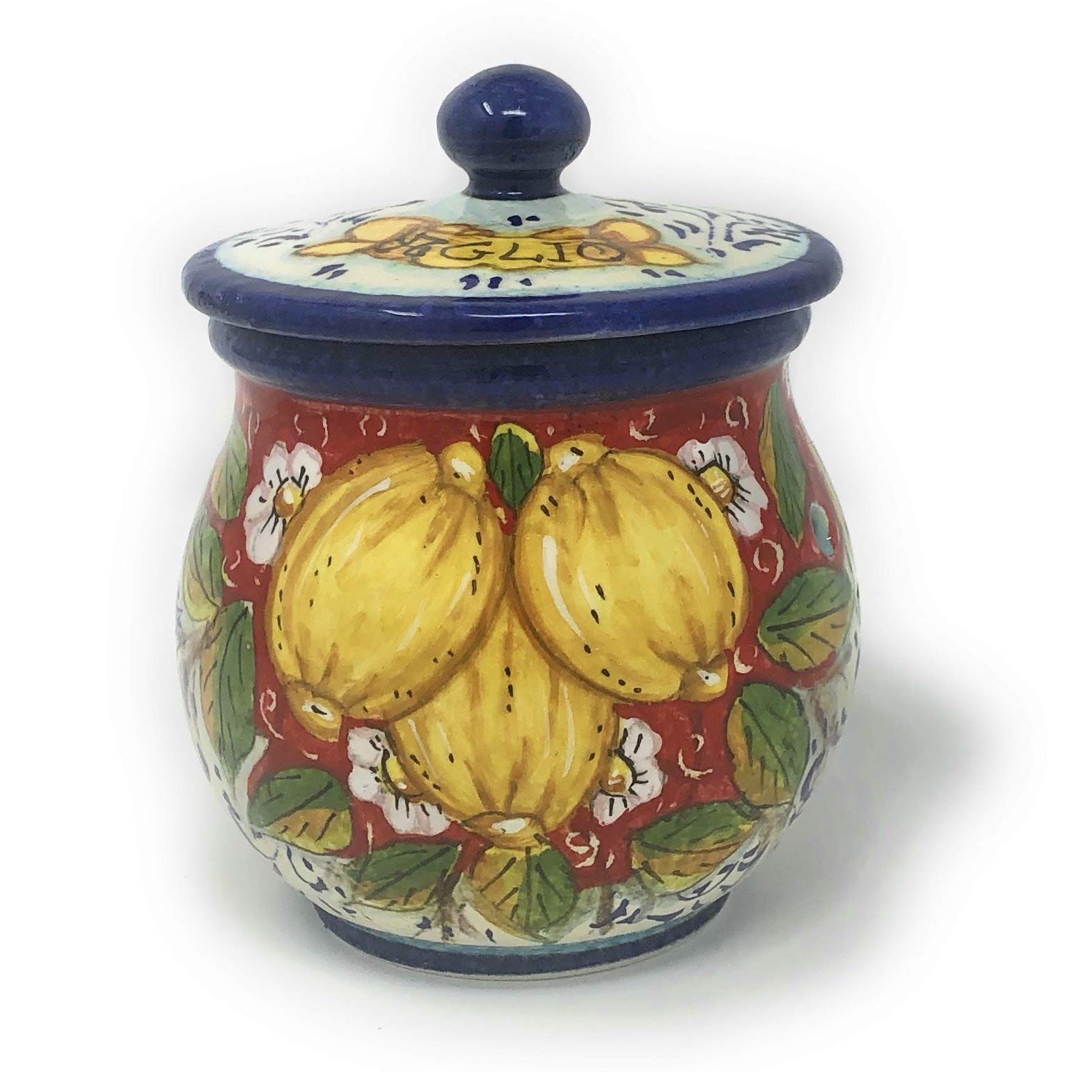 Hand Painted Italian Ceramic Garlic Jar Holder - Tuscan Art Pottery with Lemon Decoration, Made in Italy | Perfect for Kitchen Storage, Farmhouse Decor & Gift Giving
