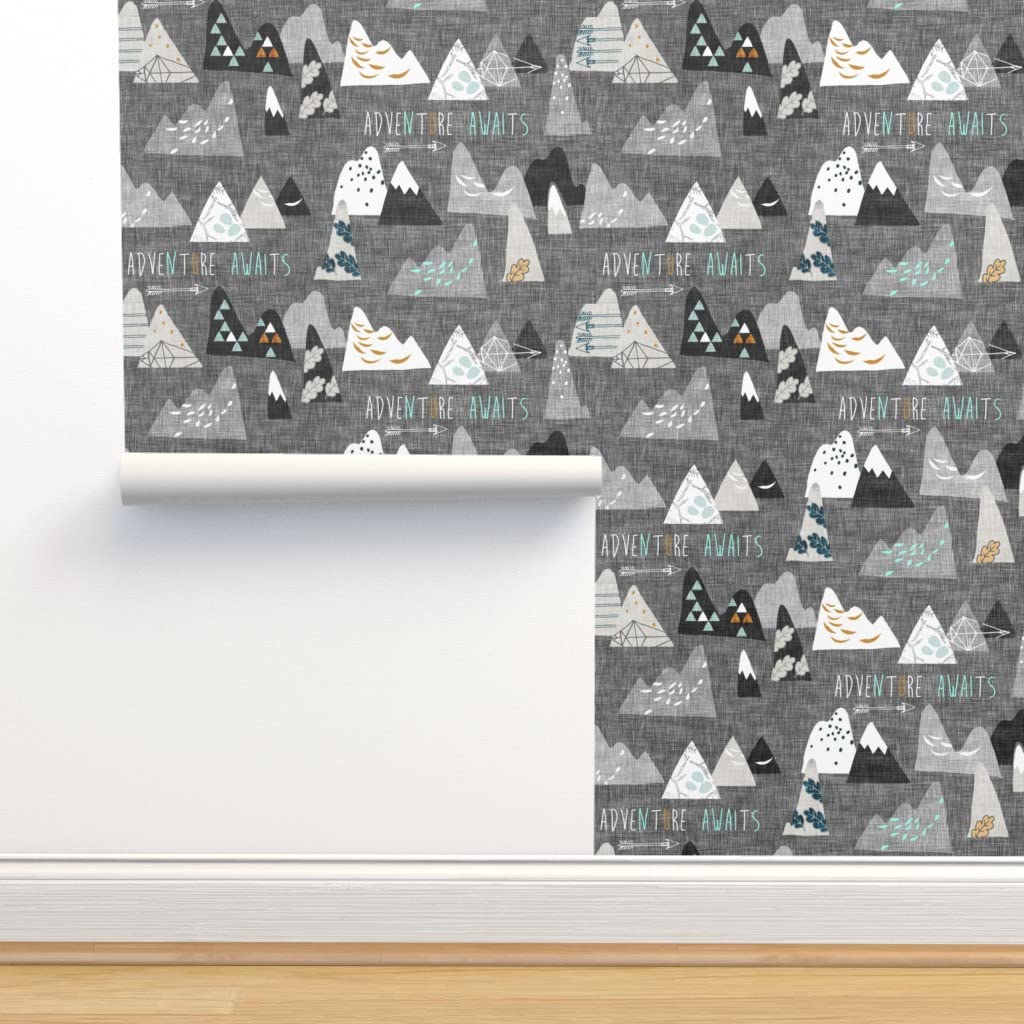 Peel & Stick Wallpaper 12ft x 2ft - Mountain Adventure Charcoal Gray Rustic Explore Boho Modern Nursery Removable Wallpaper by Spoonflower | Perfect for Baby Boy Room, Home Office & DIY Decor