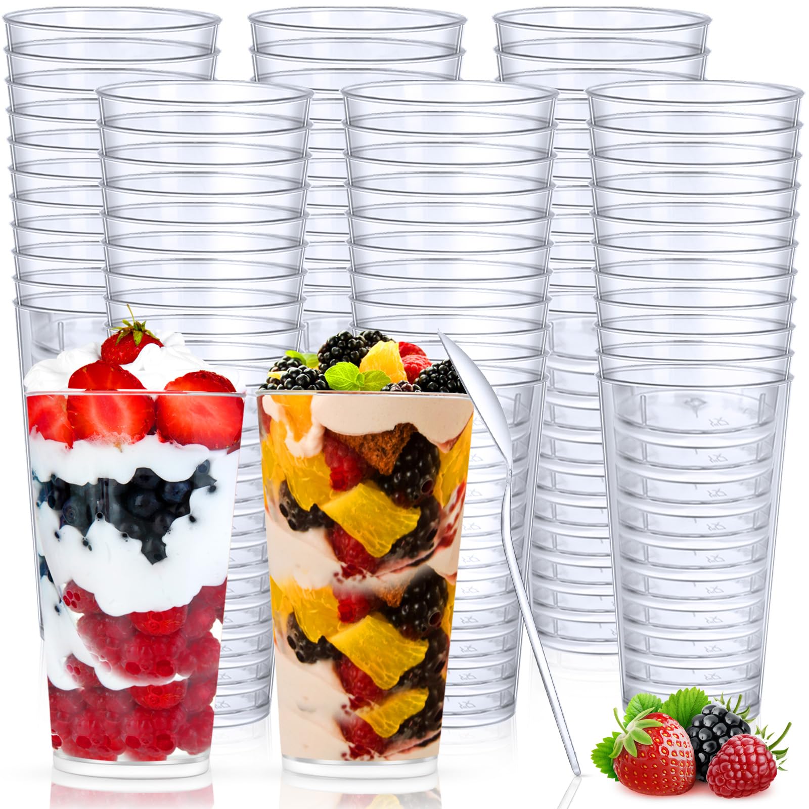 CHENGU 3 oz Clear Plastic Mini Dessert Cups with Spoons - Disposable Round Parfait Appetizer Cups, Shot Glasses & Tall Tumblers for Party Supplies, Dessert Tasting & Cocktail Serving (200 Pack) - Perfect for Weddings, Baby Showers & Catering Events